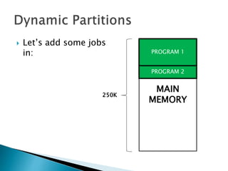  Let’s add some
programs in:
MAIN
MEMORY
PROGRAM 1
PROGRAM 2
250K
 