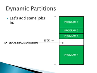  Let’s add some
programs in: PROGRAM 1
PROGRAM 2
250K
PROGRAM 4
PROGRAM 5
EXTERNAL FRAGMENTATION
 