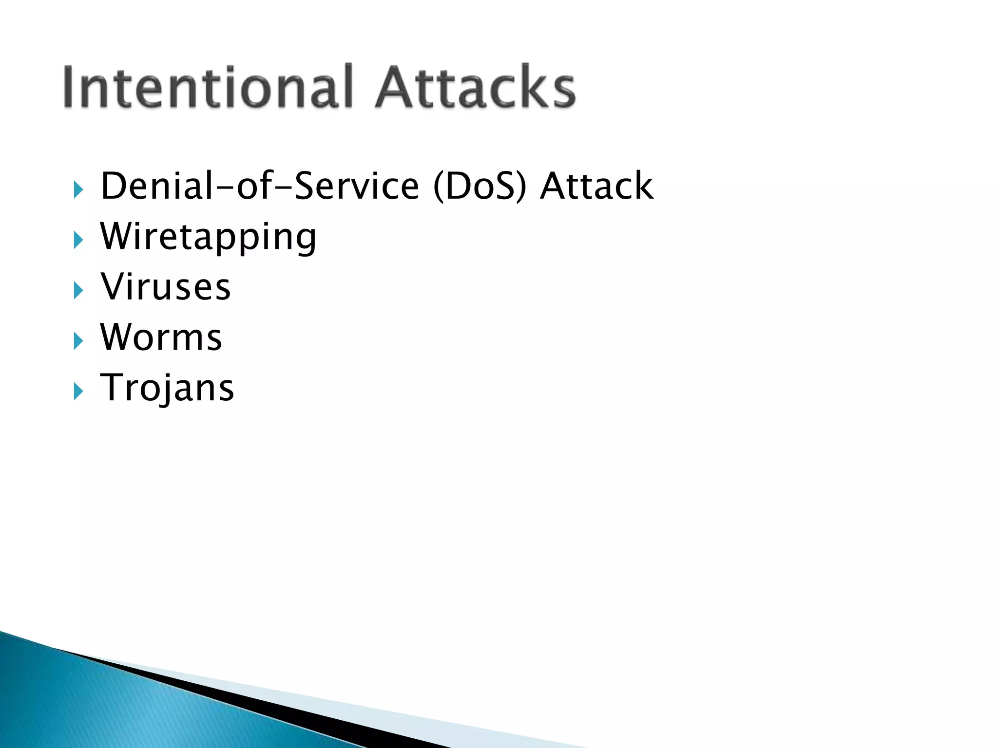  Denial-of-Service (DoS) Attack
 Wiretapping
 Viruses
 Worms
 Trojans
 