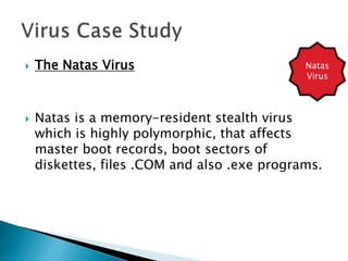  The Natas Virus
 Natas is a memory-resident stealth virus
which is highly polymorphic, that affects
master boot records, boot sectors of
diskettes, files .COM and also .exe programs.
Natas
Virus
 
