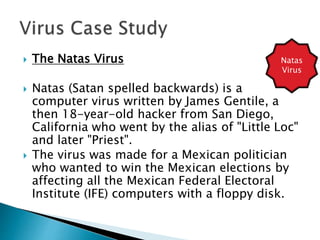  The Natas Virus
 Natas (Satan spelled backwards) is a
computer virus written by James Gentile, a
then 18-year-old hacker from San Diego,
California who went by the alias of "Little Loc"
and later "Priest".
 The virus was made for a Mexican politician
who wanted to win the Mexican elections by
affecting all the Mexican Federal Electoral
Institute (IFE) computers with a floppy disk.
Natas
Virus
 