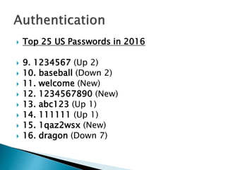  Top 25 US Passwords in 2016
 9. 1234567 (Up 2)
 10. baseball (Down 2)
 11. welcome (New)
 12. 1234567890 (New)
 13. abc123 (Up 1)
 14. 111111 (Up 1)
 15. 1qaz2wsx (New)
 16. dragon (Down 7)
 
