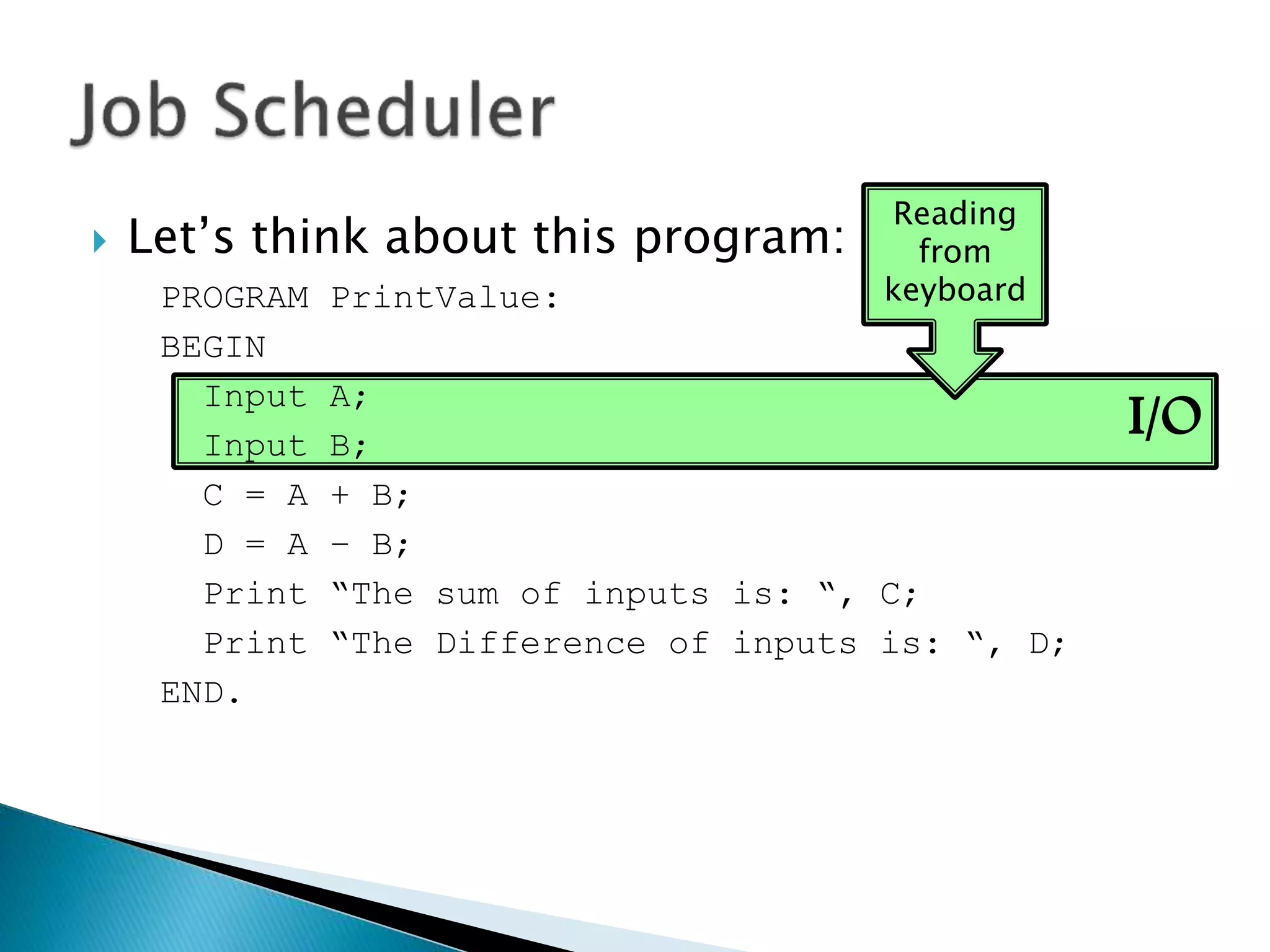 I/O
 Let’s think about this program:
PROGRAM PrintValue:
BEGIN
Input A;
Input B;
C = A + B;
D = A – B;
Print “The sum of inputs is: “, C;
Print “The Difference of inputs is: “, D;
END.
Reading
from
keyboard
 
