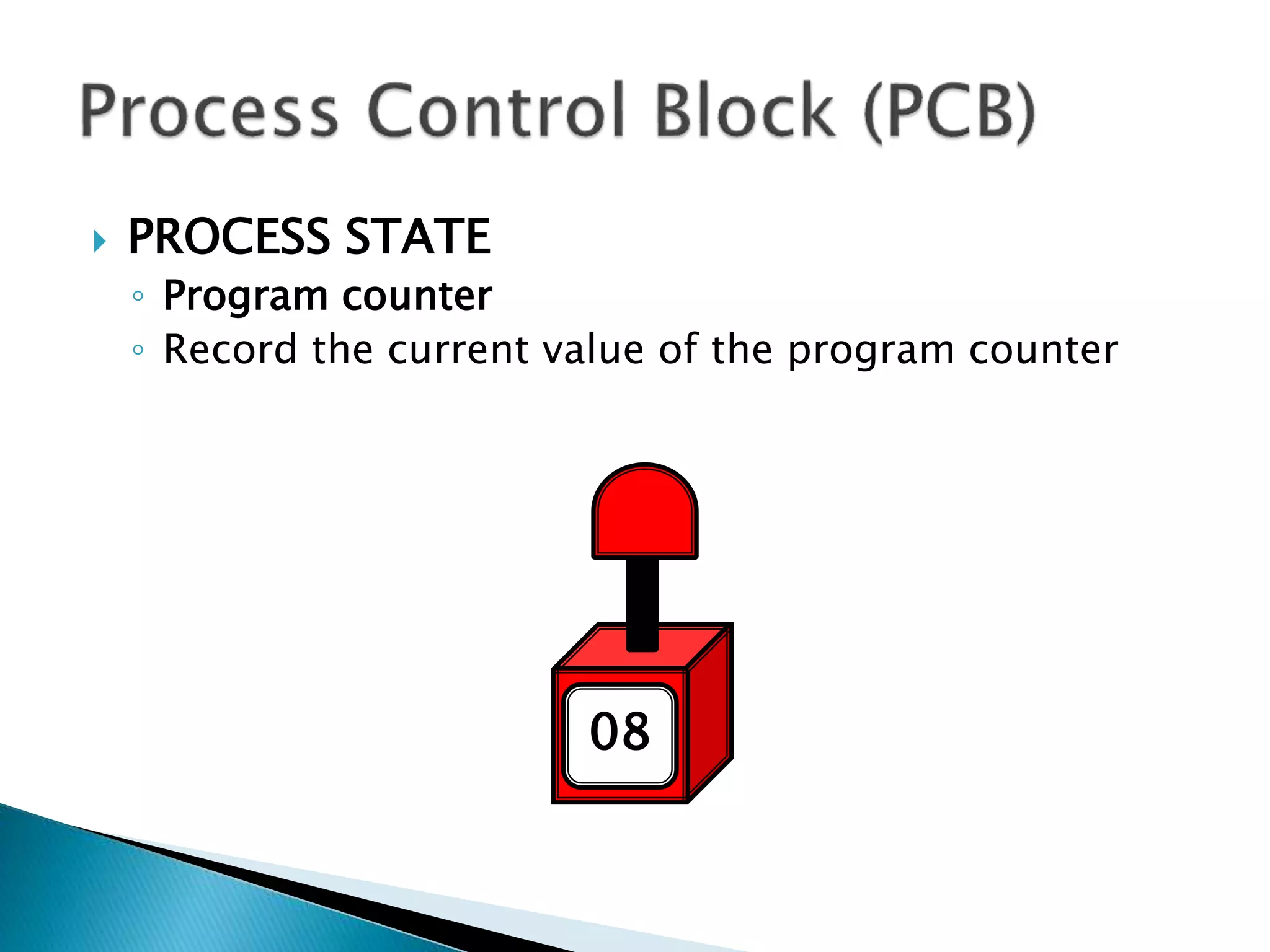  PROCESS STATE
◦ Program counter
◦ Record the current value of the program counter
0708
 