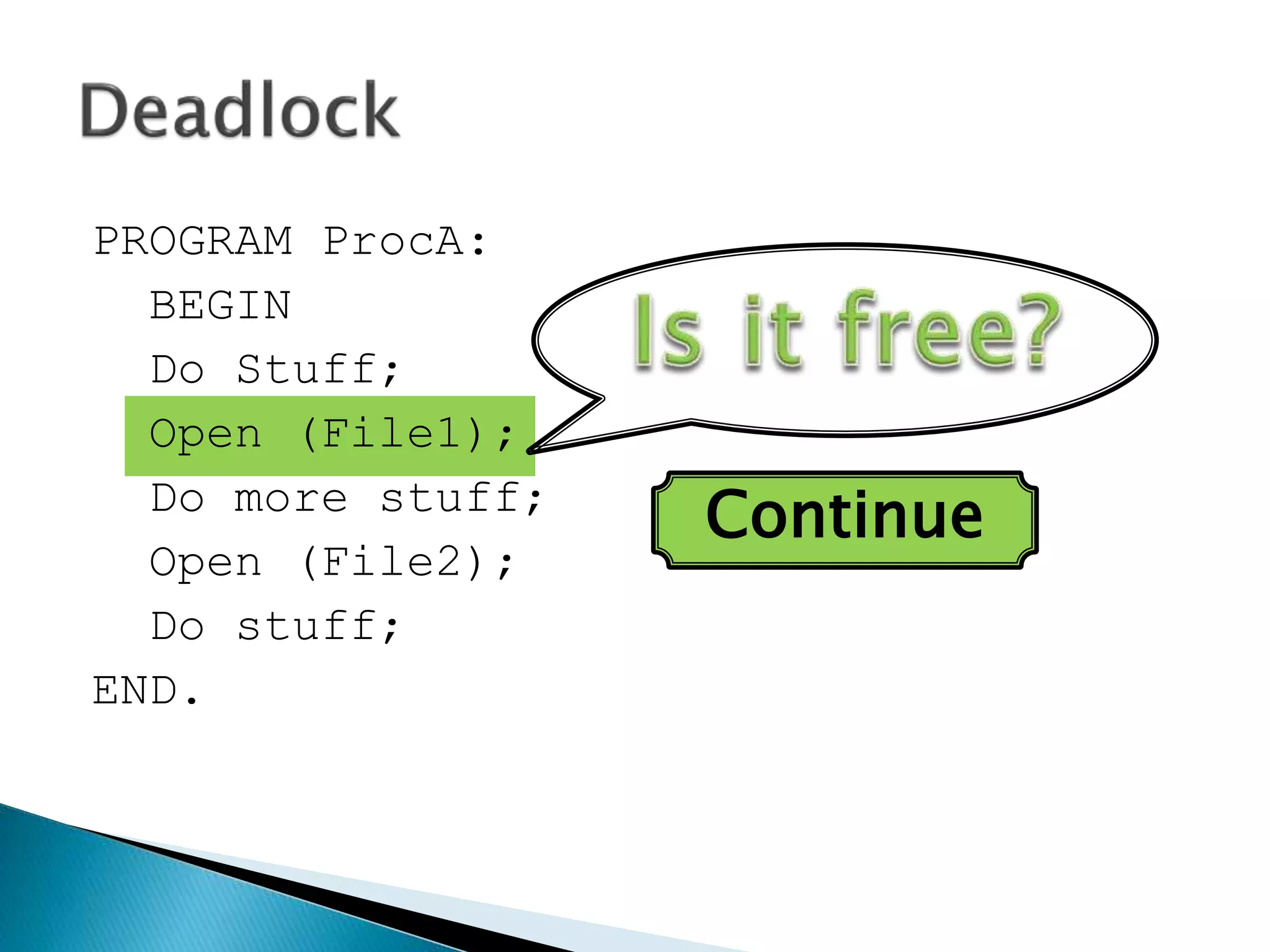 PROGRAM ProcA:
BEGIN
Do Stuff;
Open (File1);
Do more stuff;
Open (File2);
Do stuff;
END.
Continue
 
