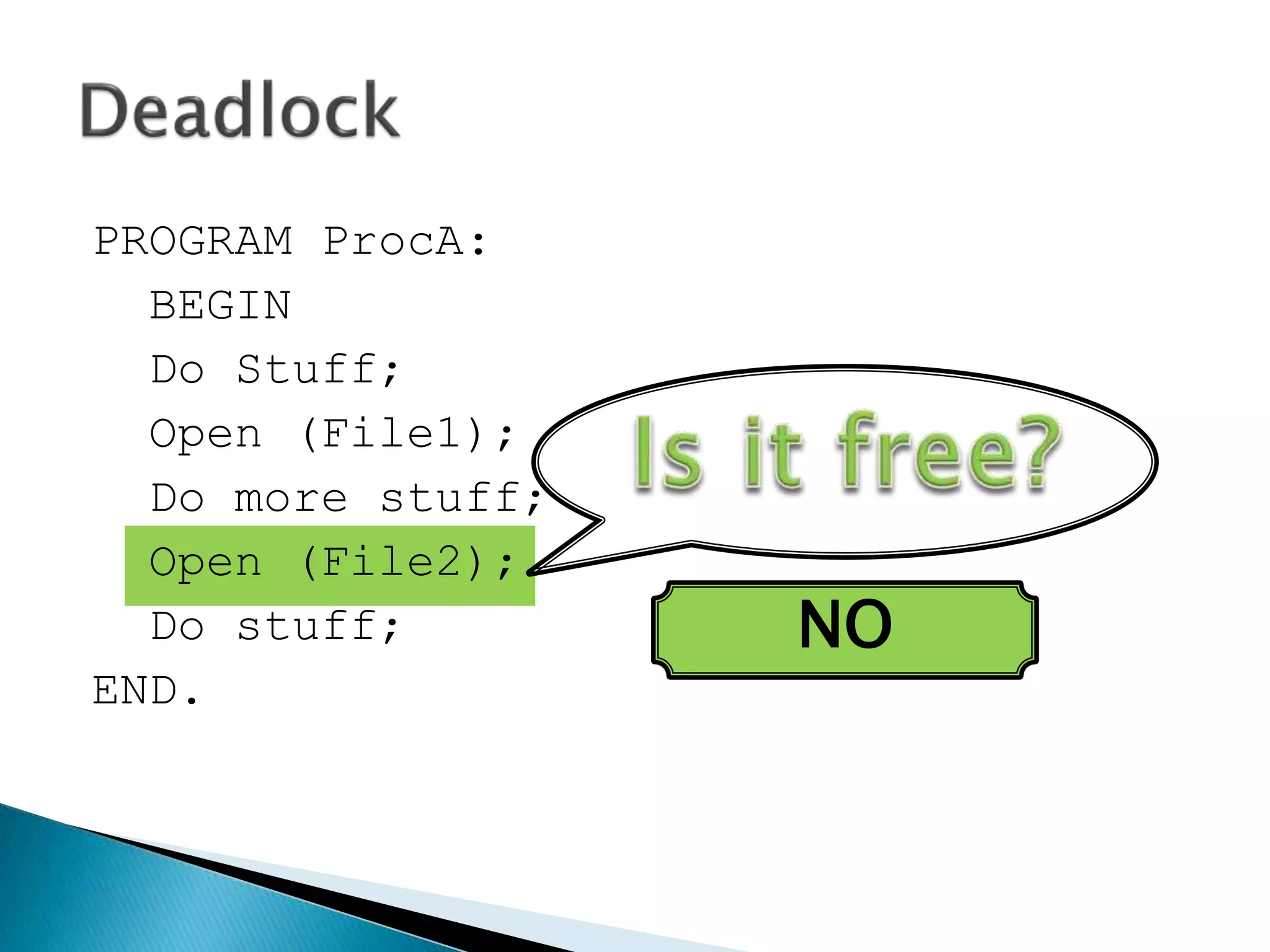 PROGRAM ProcA:
BEGIN
Do Stuff;
Open (File1);
Do more stuff;
Open (File2);
Do stuff;
END.
NO
 