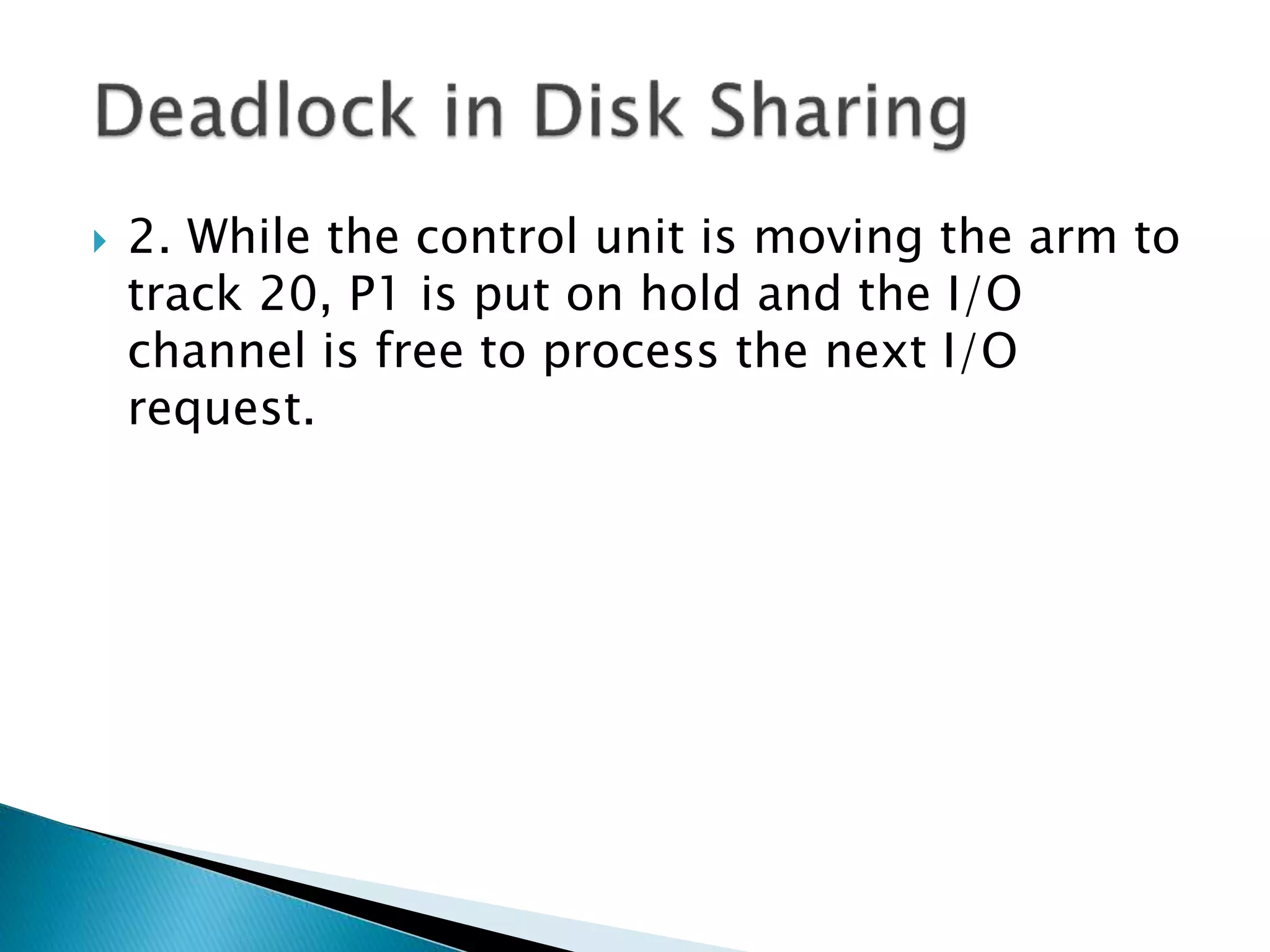  2. While the control unit is moving the arm to
track 20, P1 is put on hold and the I/O
channel is free to process the next I/O
request.
 