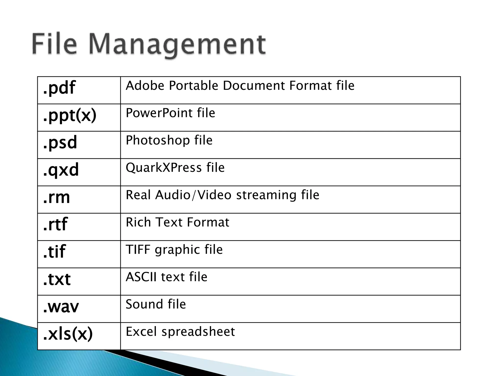 .pdf Adobe Portable Document Format file
.ppt(x) PowerPoint file
.psd Photoshop file
.qxd QuarkXPress file
.rm Real Audio/Video streaming file
.rtf Rich Text Format
.tif TIFF graphic file
.txt ASCII text file
.wav Sound file
.xls(x) Excel spreadsheet
 