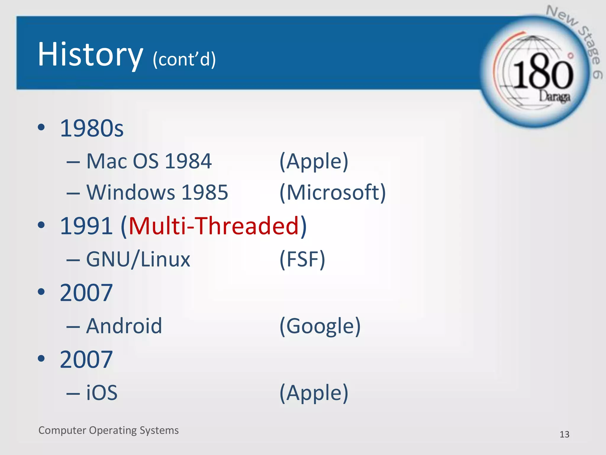 Computer Operating Systems
History (cont’d)
• 1980s
– Mac OS 1984 (Apple)
– Windows 1985 (Microsoft)
• 1991 (Multi-Threaded)
– GNU/Linux (FSF)
• 2007
– Android (Google)
• 2007
– iOS (Apple)
13
 