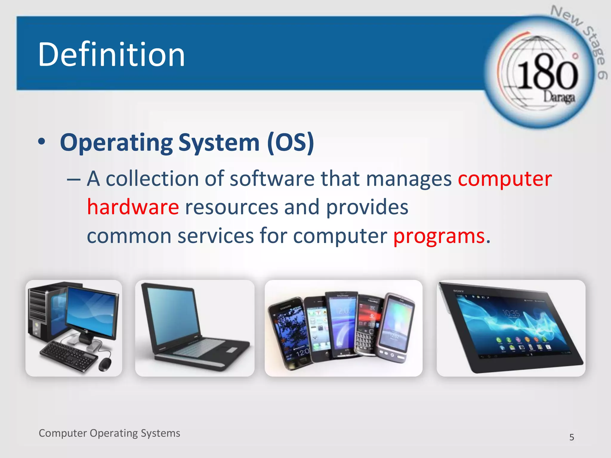 Computer Operating Systems
Definition
• Operating System (OS)
– A collection of software that manages computer
hardware resources and provides
common services for computer programs.
5
• Operating System (OS)
– A collection of software that manages computer
hardware resources and provides
common services for computer programs.
 