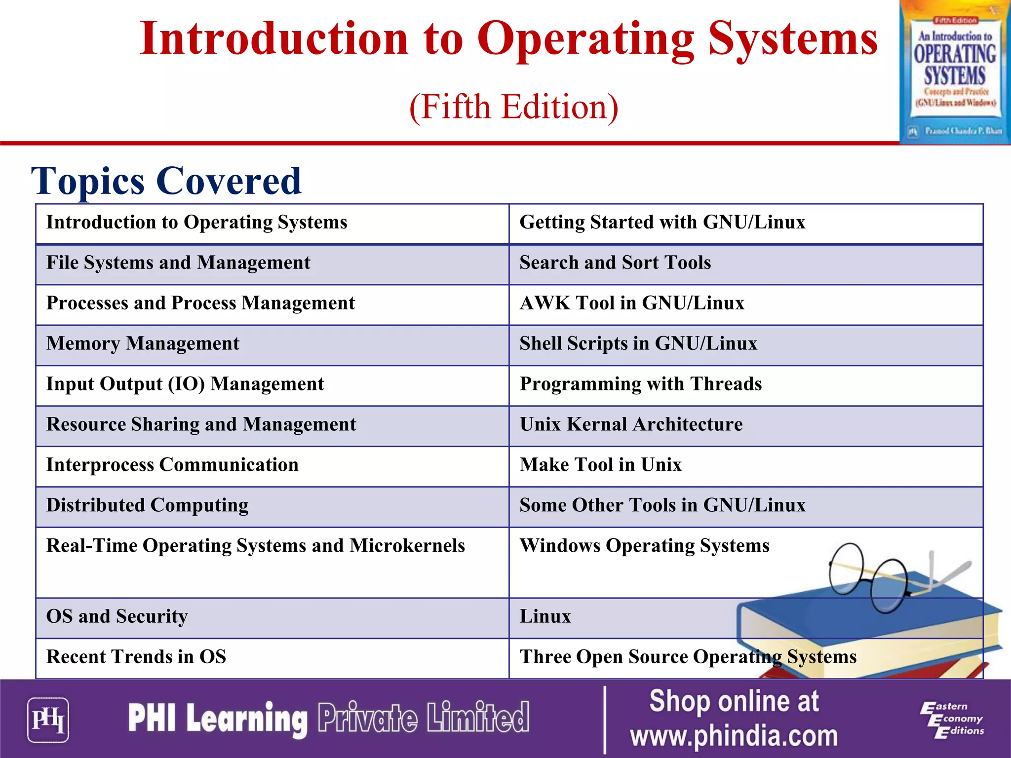 Topics Covered
Introduction to Operating Systems Getting Started with GNU/Linux
File Systems and Management Search and Sort Tools
Processes and Process Management AWK Tool in GNU/Linux
Memory Management Shell Scripts in GNU/Linux
Input Output (IO) Management Programming with Threads
Resource Sharing and Management Unix Kernal Architecture
Interprocess Communication Make Tool in Unix
Distributed Computing Some Other Tools in GNU/Linux
Real-Time Operating Systems and Microkernels Windows Operating Systems
OS and Security Linux
Recent Trends in OS Three Open Source Operating Systems
Introduction to Operating Systems
(Fifth Edition)
 