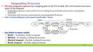 Suspending Processes
 OS may suspend a process by swapping part or all of it to disk, this will increase two more
states in the diagram.
• Suspending a process is most useful if we are waiting for an event that will not arrive soon (printer,
keyboard)
• If not done well, can slow system down by increasing disk I/O activity
• State Transition Diagram with suspend state(Totally 7 states)
• Key States in above model:
• Ready – In memory, ready to execute
• Blocked – In memory, waiting for an event
• Blocked Suspend – On disk, waiting for an event
• Ready Suspend – On disk, ready to execute
14
 