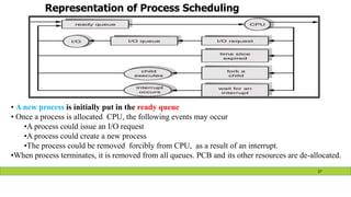 Representation of Process Scheduling
• A new process is initially put in the ready queue
• Once a process is allocated CPU, the following events may occur
•A process could issue an I/O request
•A process could create a new process
•The process could be removed forcibly from CPU, as a result of an interrupt.
•When process terminates, it is removed from all queues. PCB and its other resources are de-allocated.
27
 