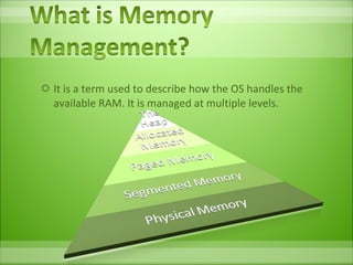 It is a term used to describe how the OS handles the available RAM. It is managed at multiple levels. 