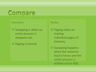 Swapping is when an entire process is swapped out.  Paging is normal.  Paging refers to making  individual pages of memory.  Swapping happens when the resource load is heavy and the entire process is written out to disk.  
