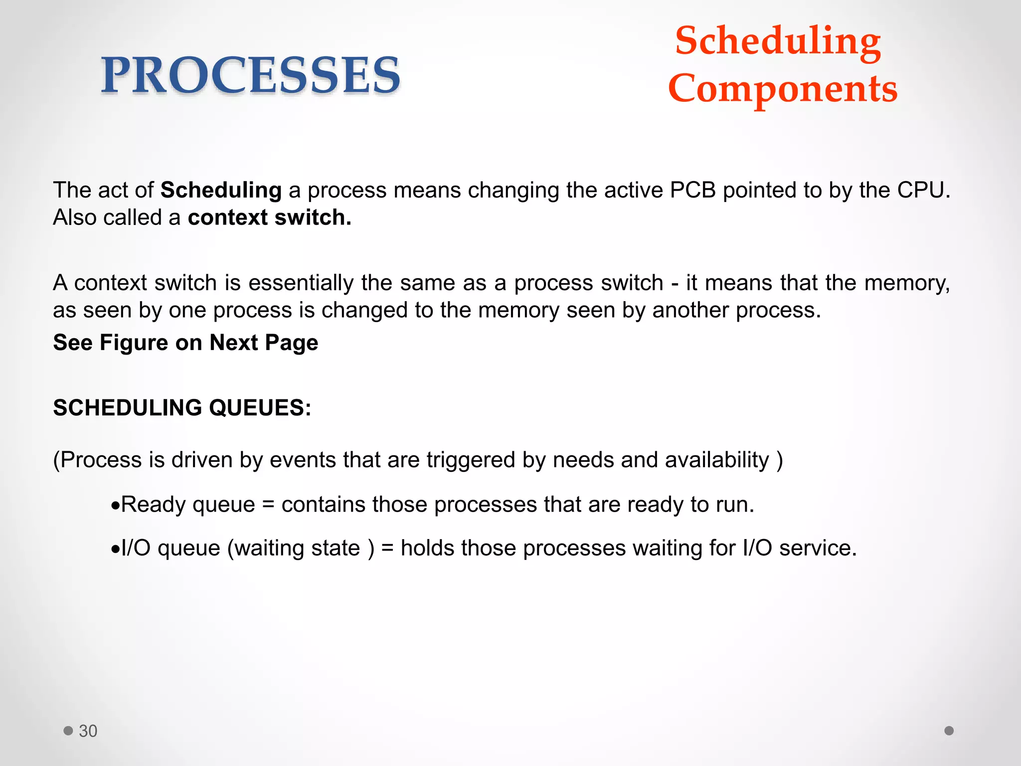 30
The act of Scheduling a process means changing the active PCB pointed to by the CPU.
Also called a context switch.
A context switch is essentially the same as a process switch - it means that the memory,
as seen by one process is changed to the memory seen by another process.
See Figure on Next Page
SCHEDULING QUEUES:
(Process is driven by events that are triggered by needs and availability )
Ready queue = contains those processes that are ready to run.
I/O queue (waiting state ) = holds those processes waiting for I/O service.
PROCESSES
Scheduling
Components
 