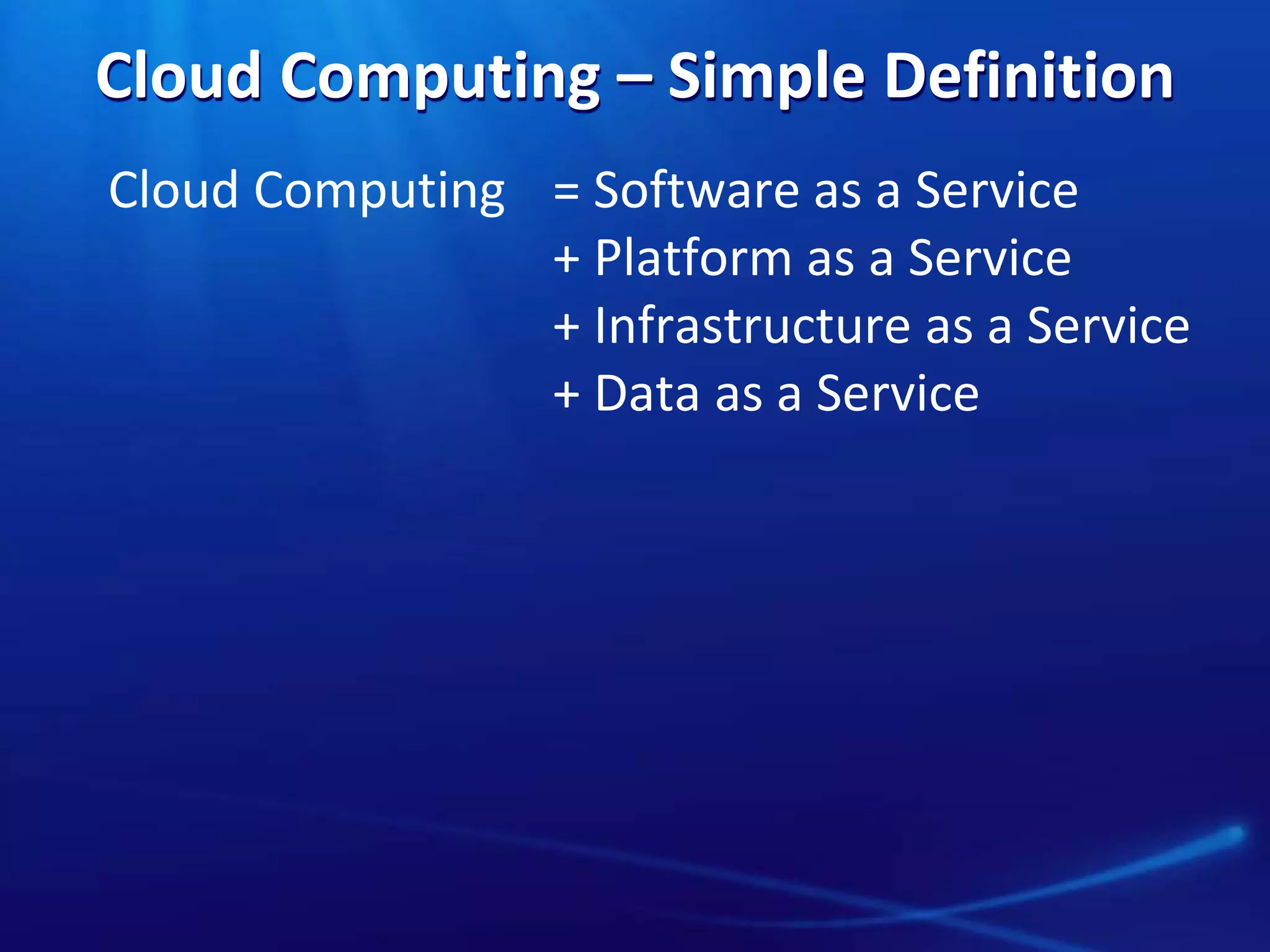 Cloud Computing – Simple Definition
Cloud Computing = Software as a Service
+ Platform as a Service
+ Infrastructure as a Service
+ Data as a Service
 