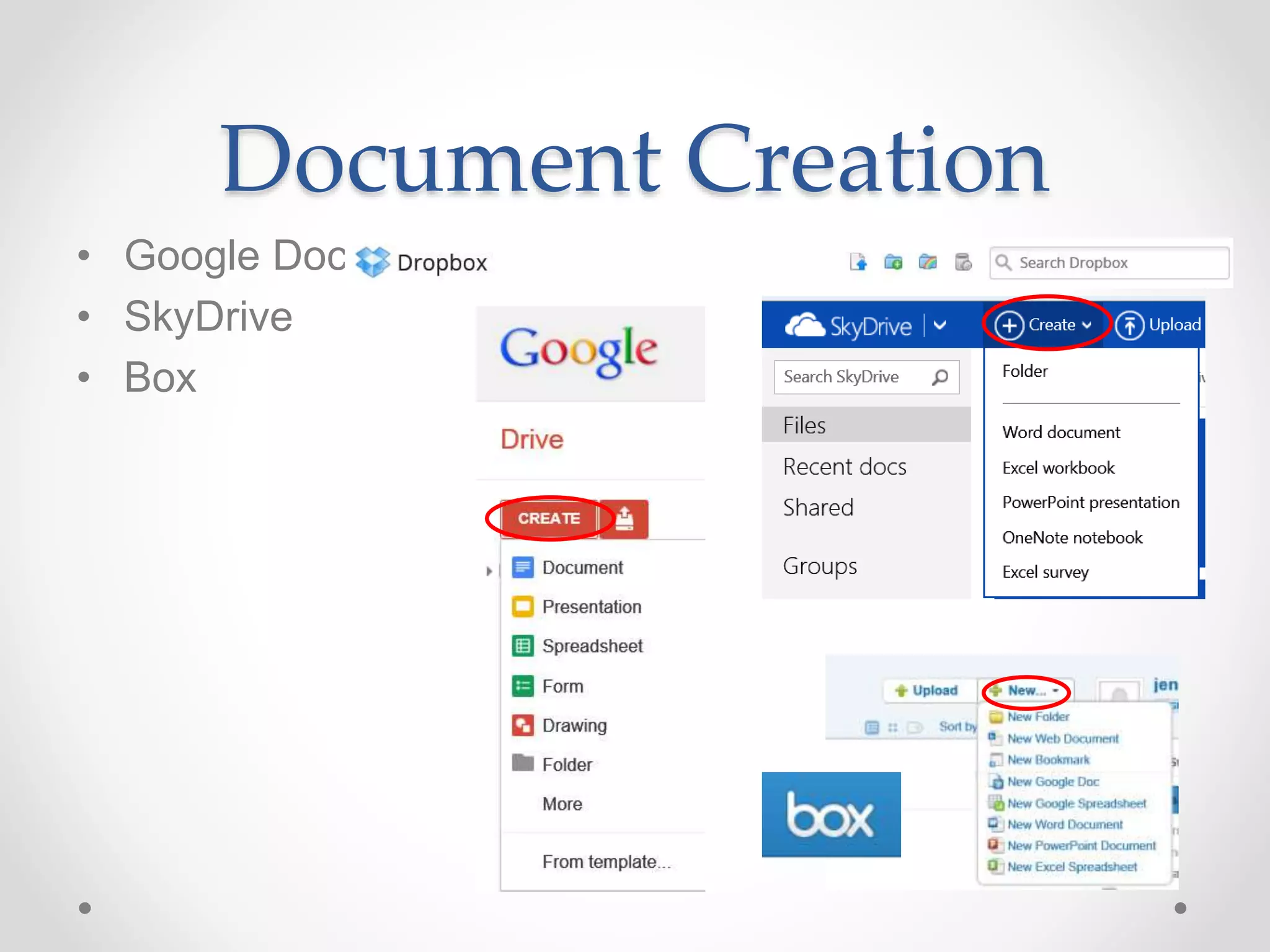 • Google Docs
• SkyDrive
• Box
Document Creation
 