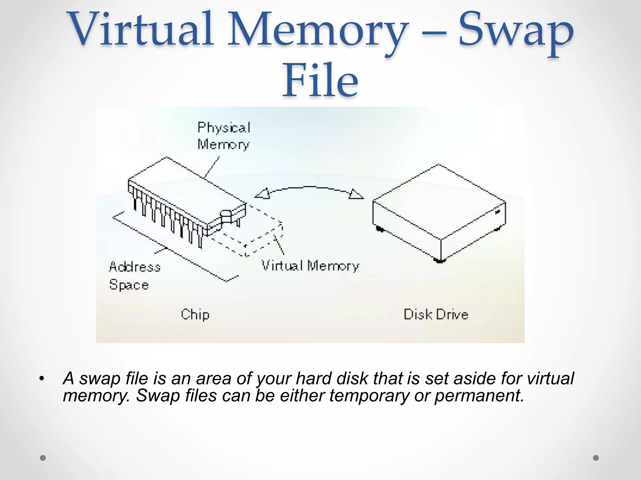 Virtual Memory – Swap
File
• A swap file is an area of your hard disk that is set aside for virtual
memory. Swap files can be either temporary or permanent.
 