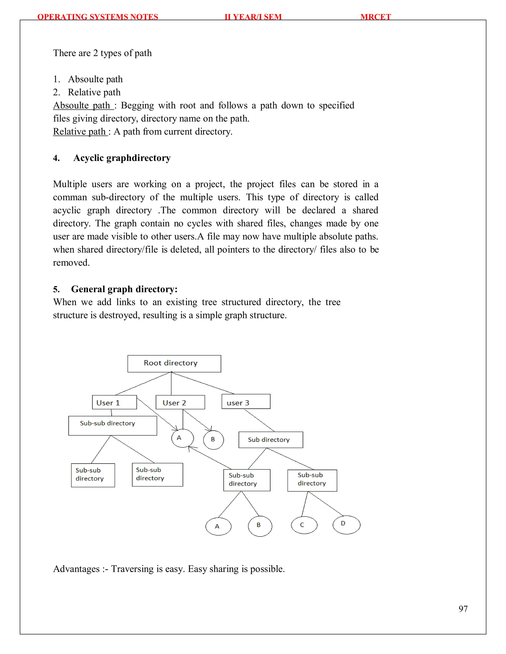 OPERATING SYSTEMS NOTES II YEAR/I SEM MRCET
97
There are 2 types of path
1. Absoulte path
2. Relative path
Absoulte path : Begging with root and follows a path down to specified
files giving directory, directory name on the path.
Relative path : A path from current directory.
4. Acyclic graphdirectory
Multiple users are working on a project, the project files can be stored in a
comman sub-directory of the multiple users. This type of directory is called
acyclic graph directory .The common directory will be declared a shared
directory. The graph contain no cycles with shared files, changes made by one
user are made visible to other users.A file may now have multiple absolute paths.
when shared directory/file is deleted, all pointers to the directory/ files also to be
removed.
5. General graph directory:
When we add links to an existing tree structured directory, the tree
structure is destroyed, resulting is a simple graph structure.
Advantages :- Traversing is easy. Easy sharing is possible.
 
