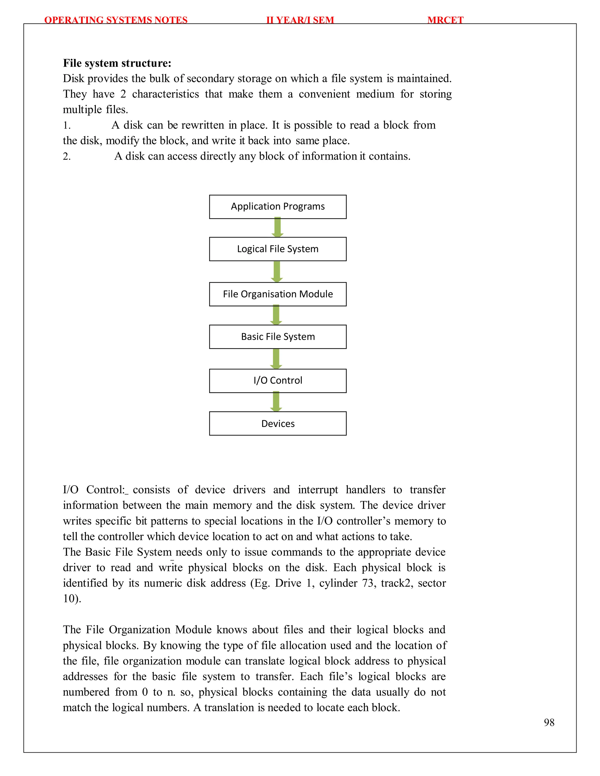 OPERATING SYSTEMS NOTES II YEAR/I SEM MRCET
98
File system structure:
Disk provides the bulk of secondary storage on which a file system is maintained.
They have 2 characteristics that make them a convenient medium for storing
multiple files.
1. A disk can be rewritten in place. It is possible to read a block from
the disk, modify the block, and write it back into same place.
2. A disk can access directly any block of information it contains.
I/O Control: consists of device drivers and interrupt handlers to transfer
information between the main memory and the disk system. The device driver
writes specific bit patterns to special locations in the I/O controller’s memory to
tell the controller which device location to act on and what actions to take.
The Basic File System needs only to issue commands to the appropriate device
driver to read and write physical blocks on the disk. Each physical block is
identified by its numeric disk address (Eg. Drive 1, cylinder 73, track2, sector
10).
The File Organization Module knows about files and their logical blocks and
physical blocks. By knowing the type of file allocation used and the location of
the file, file organization module can translate logical block address to physical
addresses for the basic file system to transfer. Each file’s logical blocks are
numbered from 0 to n. so, physical blocks containing the data usually do not
match the logical numbers. A translation is needed to locate each block.
Devices
I/O Control
Basic File System
File Organisation Module
Logical File System
Application Programs
 