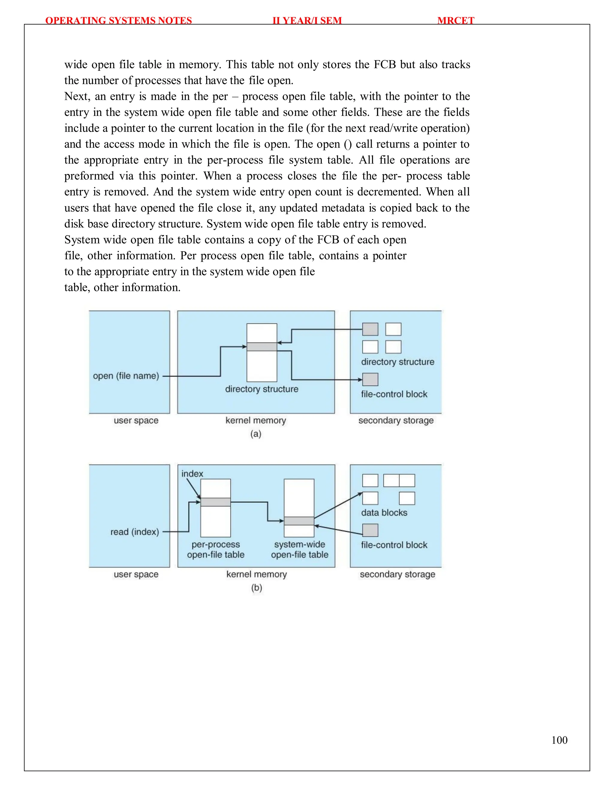 OPERATING SYSTEMS NOTES II YEAR/I SEM MRCET
100
wide open file table in memory. This table not only stores the FCB but also tracks
the number of processes that have the file open.
Next, an entry is made in the per – process open file table, with the pointer to the
entry in the system wide open file table and some other fields. These are the fields
include a pointer to the current location in the file (for the next read/write operation)
and the access mode in which the file is open. The open () call returns a pointer to
the appropriate entry in the per-process file system table. All file operations are
preformed via this pointer. When a process closes the file the per- process table
entry is removed. And the system wide entry open count is decremented. When all
users that have opened the file close it, any updated metadata is copied back to the
disk base directory structure. System wide open file table entry is removed.
System wide open file table contains a copy of the FCB of each open
file, other information. Per process open file table, contains a pointer
to the appropriate entry in the system wide open file
table, other information.
 