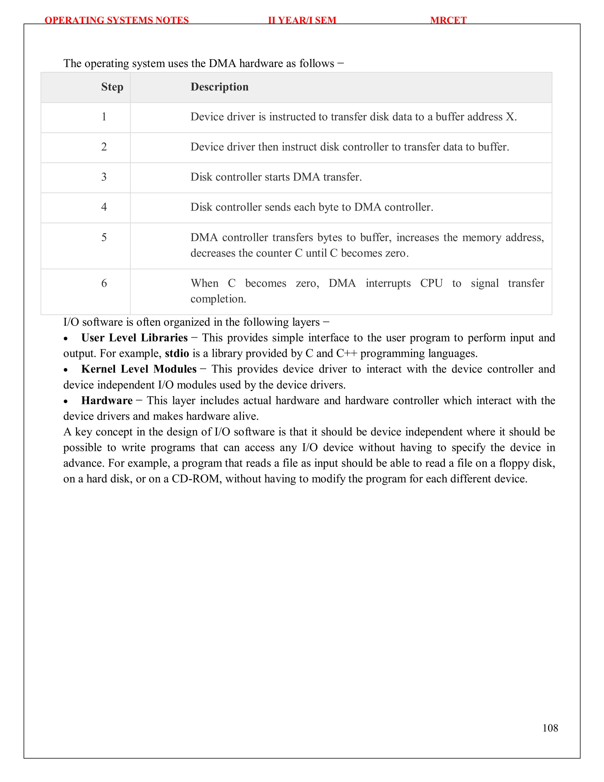 OPERATING SYSTEMS NOTES II YEAR/I SEM MRCET
108
The operating system uses the DMA hardware as follows −
Step Description
1 Device driver is instructed to transfer disk data to a buffer address X.
2 Device driver then instruct disk controller to transfer data to buffer.
3 Disk controller starts DMA transfer.
4 Disk controller sends each byte to DMA controller.
5 DMA controller transfers bytes to buffer, increases the memory address,
decreases the counter C until C becomes zero.
6 When C becomes zero, DMA interrupts CPU to signal transfer
completion.
I/O software is often organized in the following layers −
 User Level Libraries − This provides simple interface to the user program to perform input and
output. For example, stdio is a library provided by C and C++ programming languages.
 Kernel Level Modules − This provides device driver to interact with the device controller and
device independent I/O modules used by the device drivers.
 Hardware − This layer includes actual hardware and hardware controller which interact with the
device drivers and makes hardware alive.
A key concept in the design of I/O software is that it should be device independent where it should be
possible to write programs that can access any I/O device without having to specify the device in
advance. For example, a program that reads a file as input should be able to read a file on a floppy disk,
on a hard disk, or on a CD-ROM, without having to modify the program for each different device.
 
