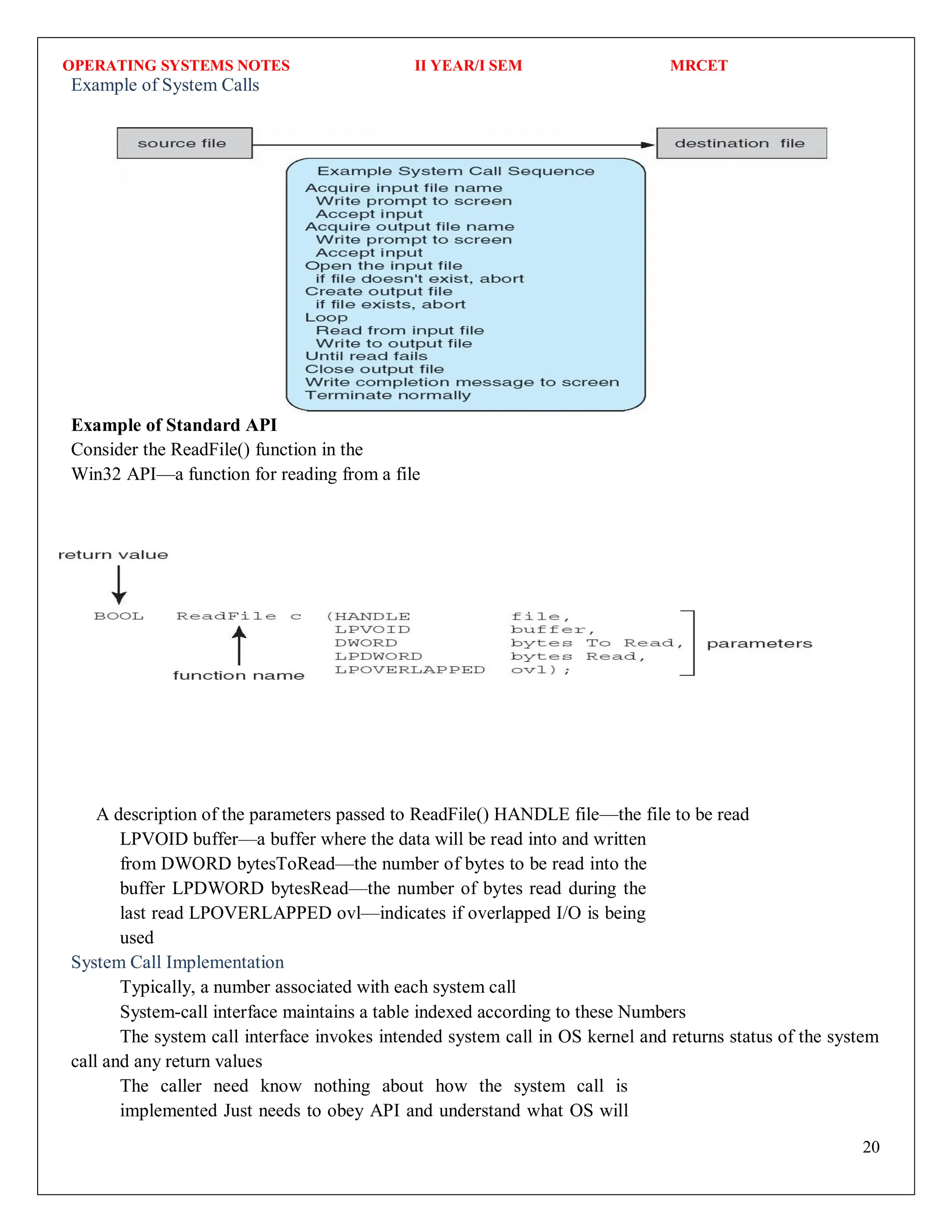 OPERATING SYSTEMS NOTES II YEAR/I SEM MRCET
20
Example of System Calls
Example of Standard API
Consider the ReadFile() function in the
Win32 API—a function for reading from a file
A description of the parameters passed to ReadFile() HANDLE file—the file to be read
LPVOID buffer—a buffer where the data will be read into and written
from DWORD bytesToRead—the number of bytes to be read into the
buffer LPDWORD bytesRead—the number of bytes read during the
last read LPOVERLAPPED ovl—indicates if overlapped I/O is being
used
System Call Implementation
Typically, a number associated with each system call
System-call interface maintains a table indexed according to these Numbers
The system call interface invokes intended system call in OS kernel and returns status of the system
call and any return values
The caller need know nothing about how the system call is
implemented Just needs to obey API and understand what OS will
 