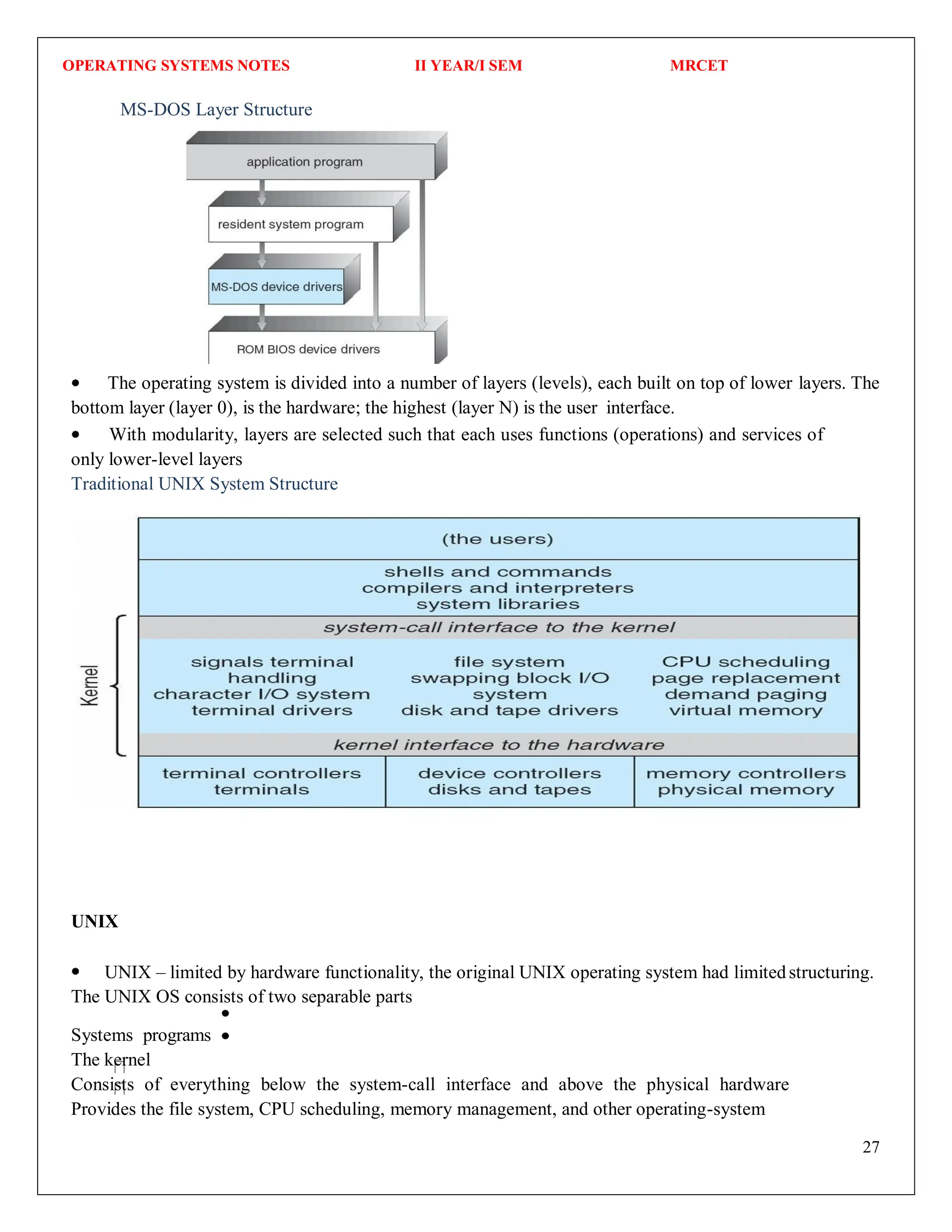OPERATING SYSTEMS NOTES II YEAR/I SEM MRCET
27
MS-DOS Layer Structure
The operating system is divided into a number of layers (levels), each built on top of lower layers. The
bottom layer (layer 0), is the hardware; the highest (layer N) is the user interface.
With modularity, layers are selected such that each uses functions (operations) and services of
only lower-level layers
Traditional UNIX System Structure
UNIX
UNIX – limited by hardware functionality, the original UNIX operating system had limitedstructuring.
The UNIX OS consists of two separable parts
Systems programs
The kernel
Consists of everything below the system-call interface and above the physical hardware
Provides the file system, CPU scheduling, memory management, and other operating-system
 
