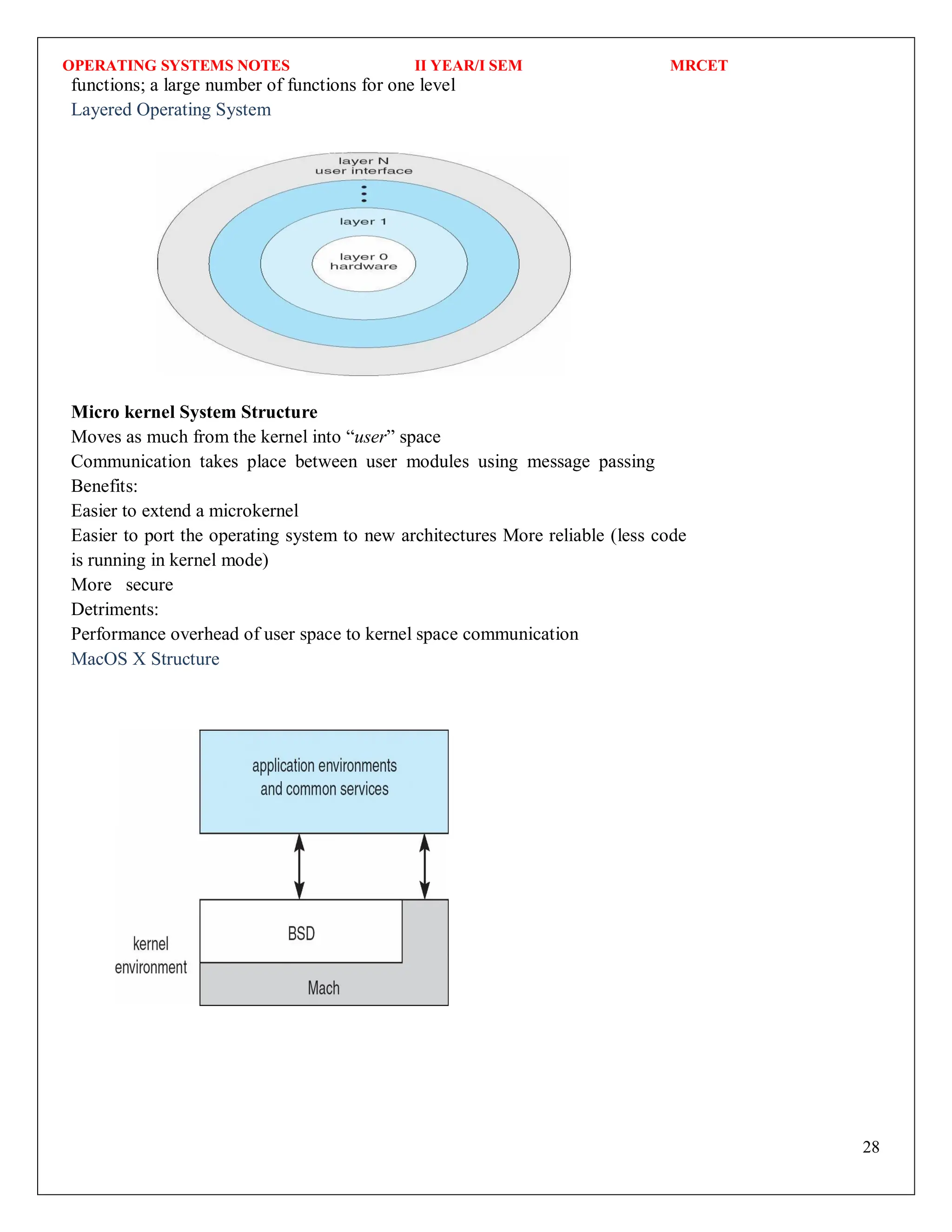 OPERATING SYSTEMS NOTES II YEAR/I SEM MRCET
28
functions; a large number of functions for one level
Layered Operating System
Micro kernel System Structure
Moves as much from the kernel into “user” space
Communication takes place between user modules using message passing
Benefits:
Easier to extend a microkernel
Easier to port the operating system to new architectures More reliable (less code
is running in kernel mode)
More secure
Detriments:
Performance overhead of user space to kernel space communication
MacOS X Structure
 