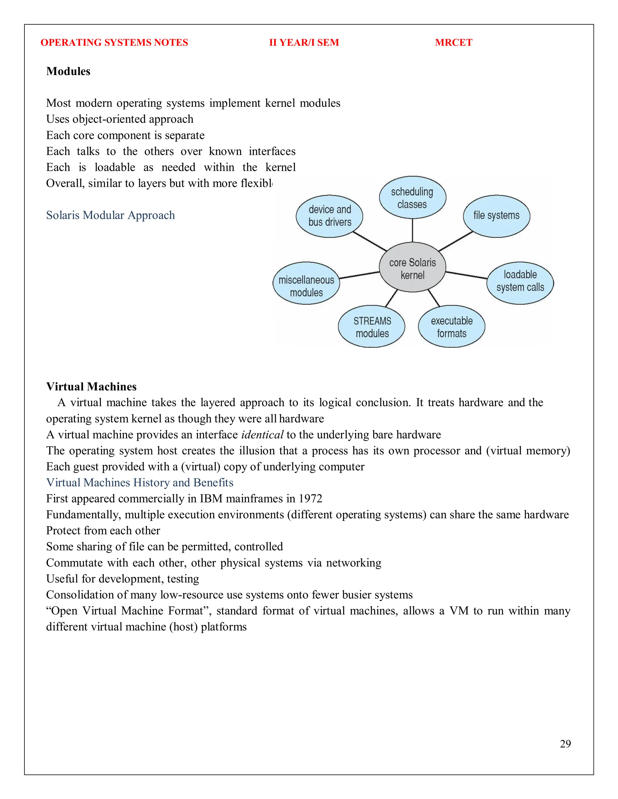 OPERATING SYSTEMS NOTES II YEAR/I SEM MRCET
29
Modules
Most modern operating systems implement kernel modules
Uses object-oriented approach
Each core component is separate
Each talks to the others over known interfaces
Each is loadable as needed within the kernel
Overall, similar to layers but with more flexible
Solaris Modular Approach
Virtual Machines
A virtual machine takes the layered approach to its logical conclusion. It treats hardware and the
operating system kernel as though they were all hardware
A virtual machine provides an interface identical to the underlying bare hardware
The operating system host creates the illusion that a process has its own processor and (virtual memory)
Each guest provided with a (virtual) copy of underlying computer
Virtual Machines History and Benefits
First appeared commercially in IBM mainframes in 1972
Fundamentally, multiple execution environments (different operating systems) can share the same hardware
Protect from each other
Some sharing of file can be permitted, controlled
Commutate with each other, other physical systems via networking
Useful for development, testing
Consolidation of many low-resource use systems onto fewer busier systems
“Open Virtual Machine Format”, standard format of virtual machines, allows a VM to run within many
different virtual machine (host) platforms
 