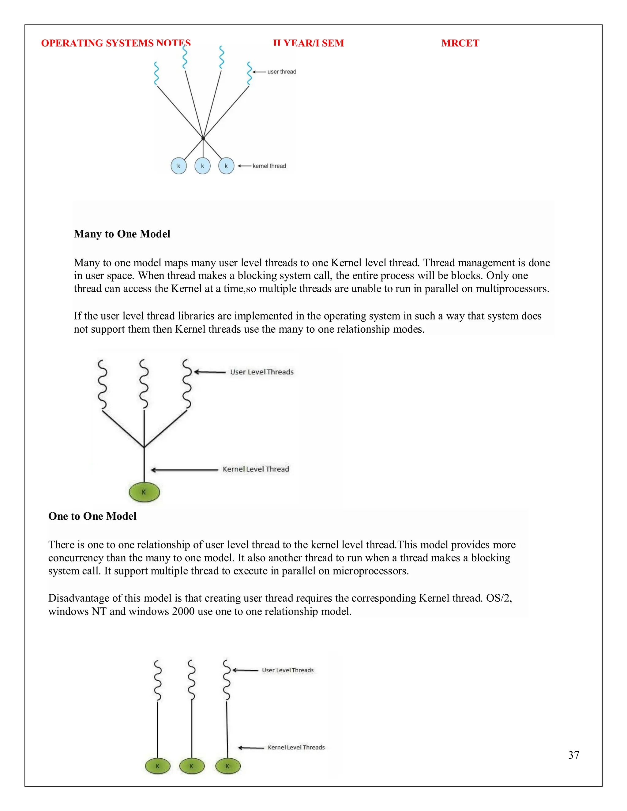 OPERATING SYSTEMS NOTES II YEAR/I SEM MRCET
37
One to One Model
There is one to one relationship of user level thread to the kernel level thread.This model provides more
concurrency than the many to one model. It also another thread to run when a thread makes a blocking
system call. It support multiple thread to execute in parallel on microprocessors.
Disadvantage of this model is that creating user thread requires the corresponding Kernel thread. OS/2,
windows NT and windows 2000 use one to one relationship model.
Many to One Model
Many to one model maps many user level threads to one Kernel level thread. Thread management is done
in user space. When thread makes a blocking system call, the entire process will be blocks. Only one
thread can access the Kernel at a time,so multiple threads are unable to run in parallel on multiprocessors.
If the user level thread libraries are implemented in the operating system in such a way that system does
not support them then Kernel threads use the many to one relationship modes.
 