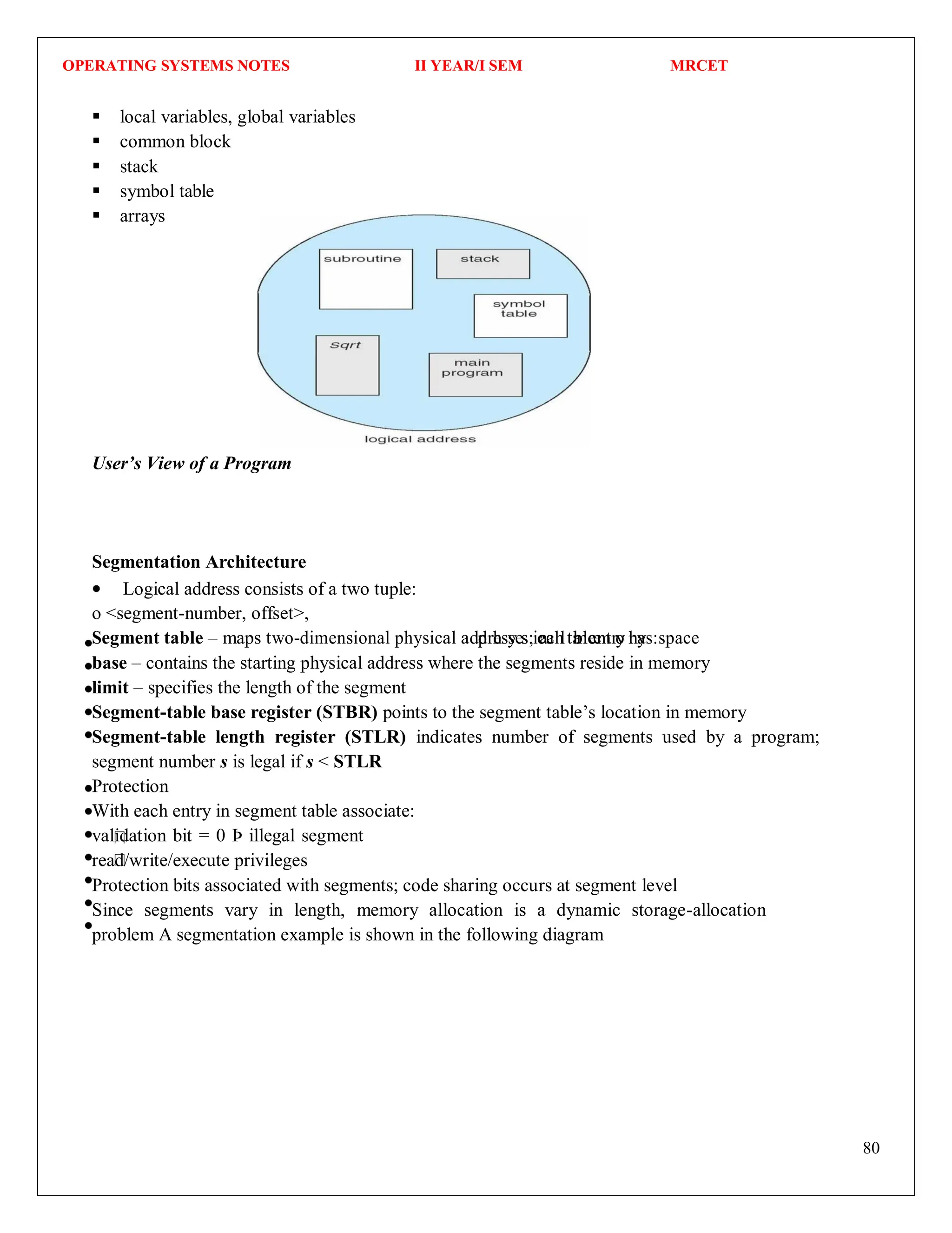 OPERATING SYSTEMS NOTES II YEAR/I SEM MRCET
80
 local variables, global variables
 common block
 stack
 symbol table
 arrays
User’s View of a Program
Segmentation Architecture
Logical address consists of a two tuple:
o <segment-number, offset>,
Segment table – maps two-dimensional physical adp
drh
esy
ses
s;ie
c
aa
chlta
m
ble
ee
m
ntro
y r
hy
as:space
base – contains the starting physical address where the segments reside in memory
limit – specifies the length of the segment
Segment-table base register (STBR) points to the segment table’s location in memory
Segment-table length register (STLR) indicates number of segments used by a program;
segment number s is legal if s < STLR
Protection
With each entry in segment table associate:
validation bit = 0 Þ illegal segment
read/write/execute privileges
Protection bits associated with segments; code sharing occurs at segment level
Since segments vary in length, memory allocation is a dynamic storage-allocation
problem A segmentation example is shown in the following diagram
 
