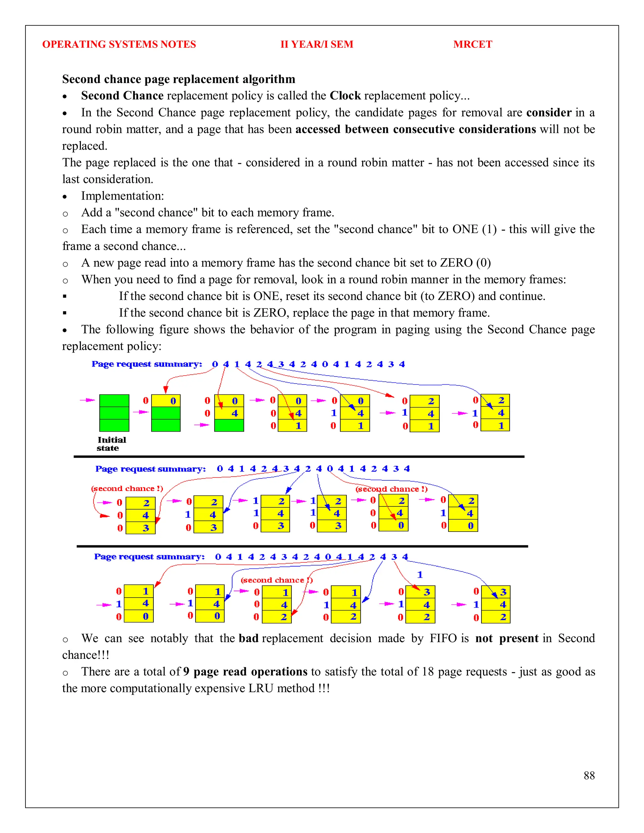 OPERATING SYSTEMS NOTES II YEAR/I SEM MRCET
88
Second chance page replacement algorithm
 Second Chance replacement policy is called the Clock replacement policy...
 In the Second Chance page replacement policy, the candidate pages for removal are consider in a
round robin matter, and a page that has been accessed between consecutive considerations will not be
replaced.
The page replaced is the one that - considered in a round robin matter - has not been accessed since its
last consideration.
 Implementation:
o Add a "second chance" bit to each memory frame.
o Each time a memory frame is referenced, set the "second chance" bit to ONE (1) - this will give the
frame a second chance...
o A new page read into a memory frame has the second chance bit set to ZERO (0)
o When you need to find a page for removal, look in a round robin manner in the memory frames:
 If the second chance bit is ONE, reset its second chance bit (to ZERO) and continue.
 If the second chance bit is ZERO, replace the page in that memory frame.
 The following figure shows the behavior of the program in paging using the Second Chance page
replacement policy:
o We can see notably that the bad replacement decision made by FIFO is not present in Second
chance!!!
o There are a total of 9 page read operations to satisfy the total of 18 page requests - just as good as
the more computationally expensive LRU method !!!
 