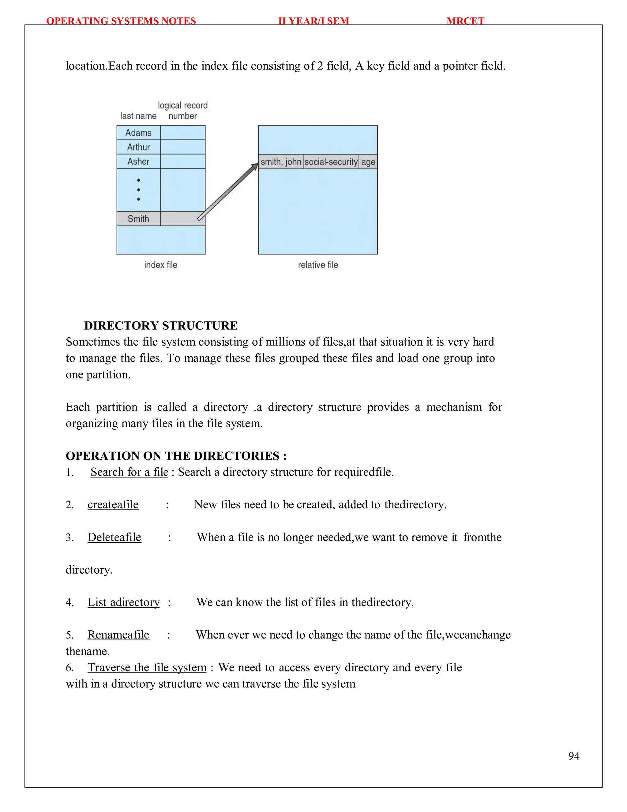 OPERATING SYSTEMS NOTES II YEAR/I SEM MRCET
94
location.Each record in the index file consisting of 2 field, A key field and a pointer field.
DIRECTORY STRUCTURE
Sometimes the file system consisting of millions of files,at that situation it is very hard
to manage the files. To manage these files grouped these files and load one group into
one partition.
Each partition is called a directory .a directory structure provides a mechanism for
organizing many files in the file system.
OPERATION ON THE DIRECTORIES :
1. Search for a file : Search a directory structure for requiredfile.
2. createafile : New files need to be created, added to thedirectory.
3. Deleteafile : When a file is no longer needed,we want to remove it fromthe
directory.
4. List adirectory : We can know the list of files in thedirectory.
5. Renameafile : When ever we need to change the name of the file,wecanchange
thename.
6. Traverse the file system : We need to access every directory and every file
with in a directory structure we can traverse the file system
 