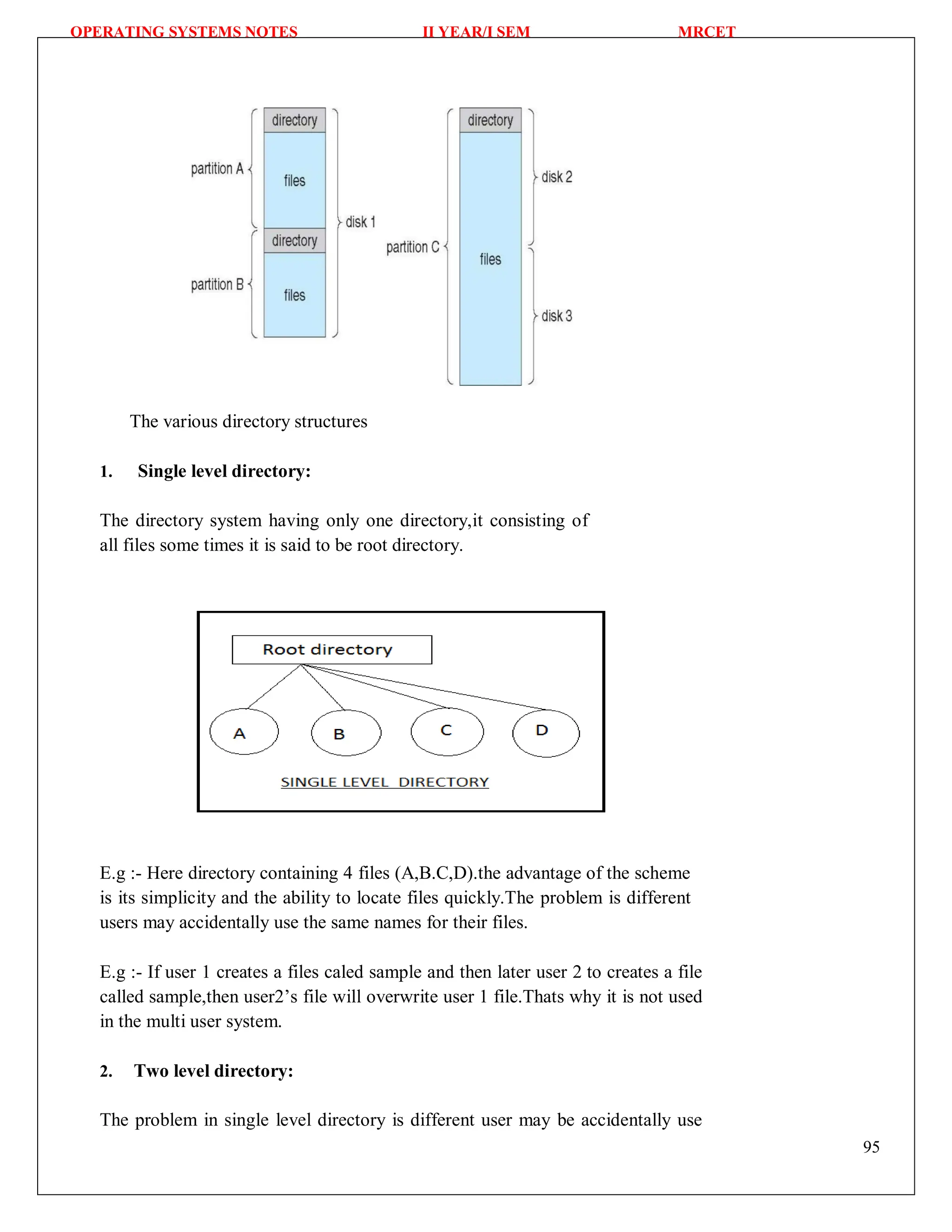 OPERATING SYSTEMS NOTES II YEAR/I SEM MRCET
95
The various directory structures
1. Single level directory:
The directory system having only one directory,it consisting of
all files some times it is said to be root directory.
E.g :- Here directory containing 4 files (A,B.C,D).the advantage of the scheme
is its simplicity and the ability to locate files quickly.The problem is different
users may accidentally use the same names for their files.
E.g :- If user 1 creates a files caled sample and then later user 2 to creates a file
called sample,then user2’s file will overwrite user 1 file.Thats why it is not used
in the multi user system.
2. Two level directory:
The problem in single level directory is different user may be accidentally use
 