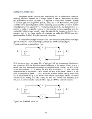 DEADLOCK DETECTION

       The graphs (DRAG) provide good help in doing this, as we have seen. However,
normally, a realistic DRAG is not as straight forward as a DRAG between two processes
(P1, P2) and two resources (R1 and R2) as depicted. In reality, there could be a number
of resource types such as printers, plotters, tapes, and so on. For instance, the system
could have two identical printers, and the operating system must be told about it at the
time of printers when requested. The complexity arises due to the fact that allocation to a
process is made of a specific resource by the operating system, depending upon the
availability, but the process normally makes the request to the operating system for only a
resource type. A very large number of processes can make this DRAG look more
complex and the deadlock detection more time consuming.

      We will denote multiple instances of the same resource type by means of multiple
symbols within the square. For example, consider the DRAG shown in figure.
Figure: multiple resource for a type
                                        P
                                        1
     R1      ( )R10                                          ( )R20        R2
             ( )R11

                                        P
                                        2
R1 is a resource type – say, a tape drive of a certain kind, and let us assume that there are
two tape drivers R10 and R11 of the same kind known to the system. R2 may be a of a
certain type there may be only one of that type available in the system – say, R20. In fig,
R10 is allocated to P1. P1 is waiting for R20. R20 is allocated to P2. Now comes the
question of last in the diagram. Let us assume that R11 is free and P2 wants it. In this
case, P2 can actually grab R11. And if it does so, an arrow will be actually drawn from
R11 to P2 as shown in Fig. If you traverse from a node, following the arrows, you would
not arrive at the starting node. This violates the rules for a circular wait. Therefore, even
if it gives an impression of a deadlock at first sight, it is NOT a deadlock situation.


                                        P
                                        1
     R1      ( )R10                                          ( )R20        R2
             ( )R11

                                        P
                                        2
Figure: no deadlock situation.




                                             42
 
