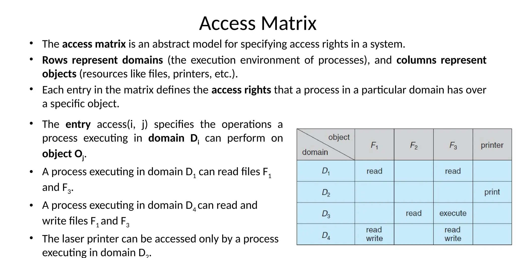 Access Matrix
• The access matrix is an abstract model for specifying access rights in a system.
• Rows represent domains (the execution environment of processes), and columns represent
objects (resources like files, printers, etc.).
• Each entry in the matrix defines the access rights that a process in a particular domain has over
a specific object.
• The entry access(i, j) specifies the operations a
process executing in domain Di can perform on
object Oj.
• A process executing in domain D1 can read files F1
and F3.
• A process executing in domain D4 can read and
write files F1 and F3
• The laser printer can be accessed only by a process
executing in domain D .
 