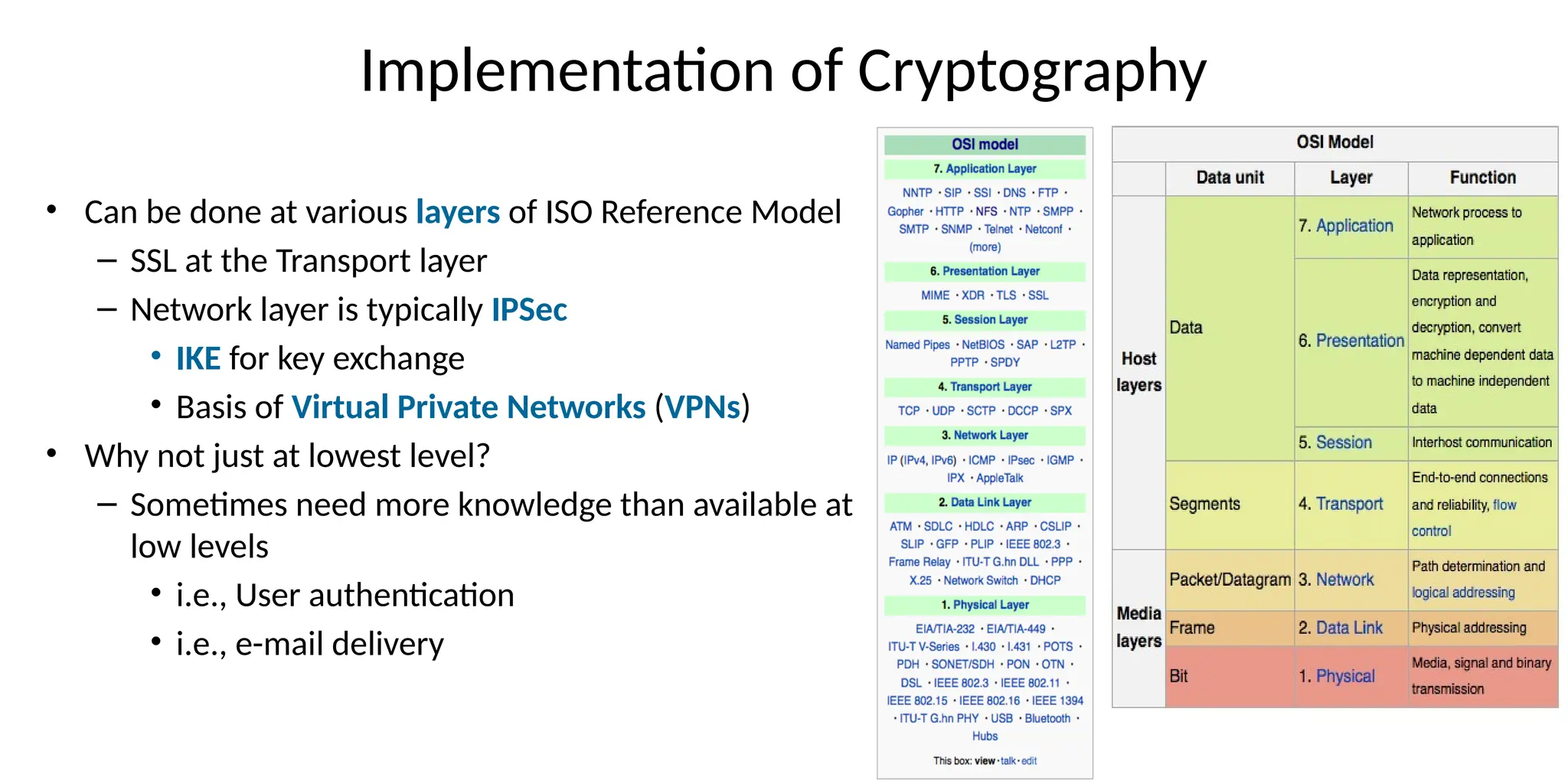Implementation of Cryptography
• Can be done at various layers of ISO Reference Model
– SSL at the Transport layer
– Network layer is typically IPSec
• IKE for key exchange
• Basis of Virtual Private Networks (VPNs)
• Why not just at lowest level?
– Sometimes need more knowledge than available at
low levels
• i.e., User authentication
• i.e., e-mail delivery
 