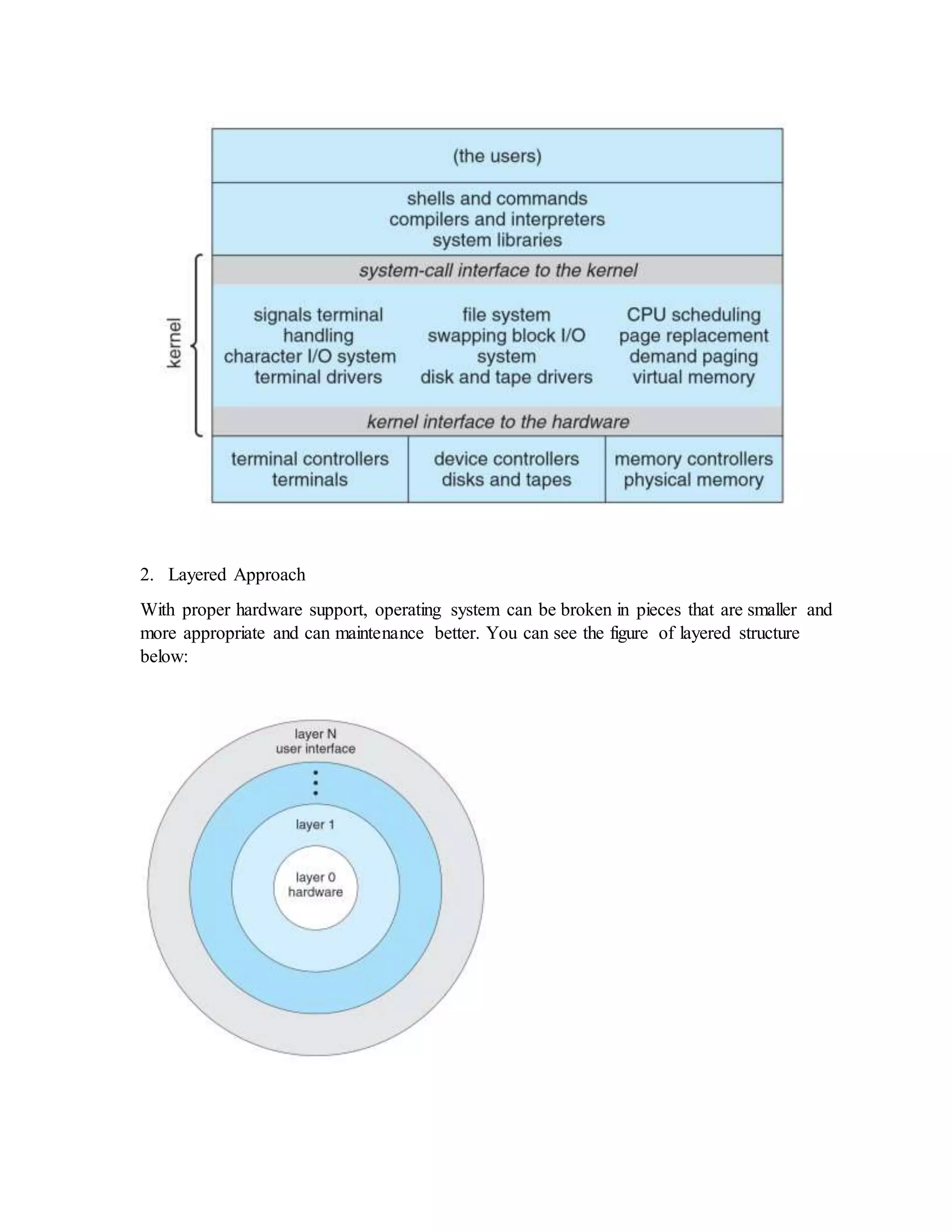 2. Layered Approach With proper hardware support, operating system can be broken in pieces that are smaller and more appropriate and can maintenance better. You can see the figure of layered structure below: 