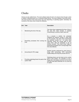 TUTORIALS POINT
Simply Easy Learning Page 72
Clocks
Clocks are also called timers. The clock software takes the form of a device driver though a clock
is neither a blocking device nor a character based device. The clock software is the clock driver.
The exact function of the clock driver may vary depending on operating system. Generally, the
functions of the clock driver include the following.
S.N. Task Description
1 Maintaining the time of the day
The clock driver implements the time of day or
the real time clock function. It requires
incrementing a counter at each clock tick.
2
Preventing processes from running too
long
As a process is started, the scheduler
initializes the quantum counter in clock ticks
for the process. The clock driver decrements
the quantum counter by 1, at every clock
interrupts. When the counter gets to zero,
clock driver calls the scheduler to set up
another process. Thus clock driver helps in
preventing processes from running longer than
time slice allowed.
3 Accounting for CPU usage
Another function performed by clock driver is
doing CPU accounting. CPU accounting
implies telling how long the process has run.
4
Providing watchdog timers for parts of the
system itself
Watchdog timers are the timers set by certain
parts of the system. For example, to use a
floppy disk, the system must turn on the motor
and then wait about 500msec for it to come up
to speed.
 