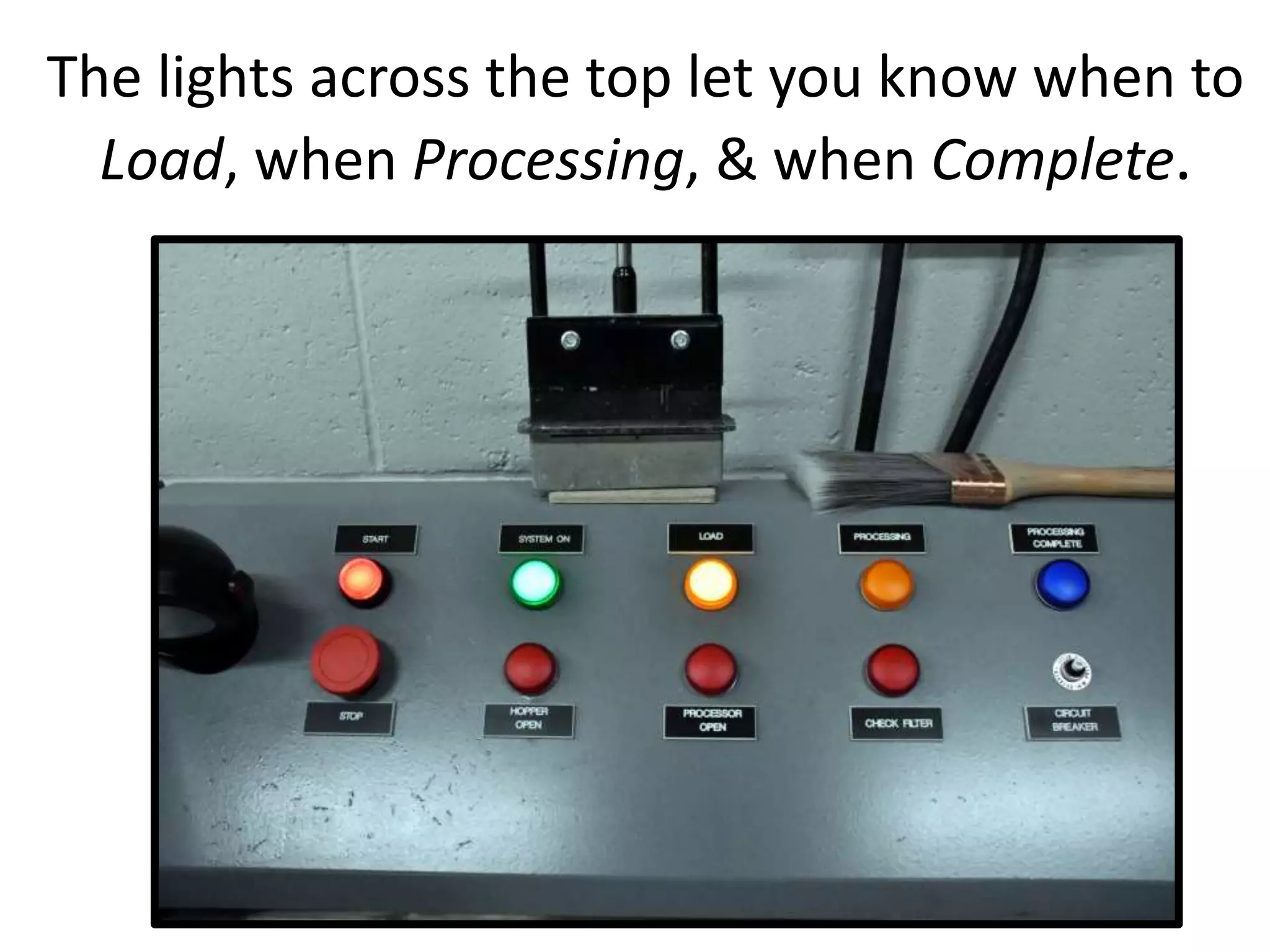 The lights across the top let you know when to
Load, when Processing, & when Complete.
 