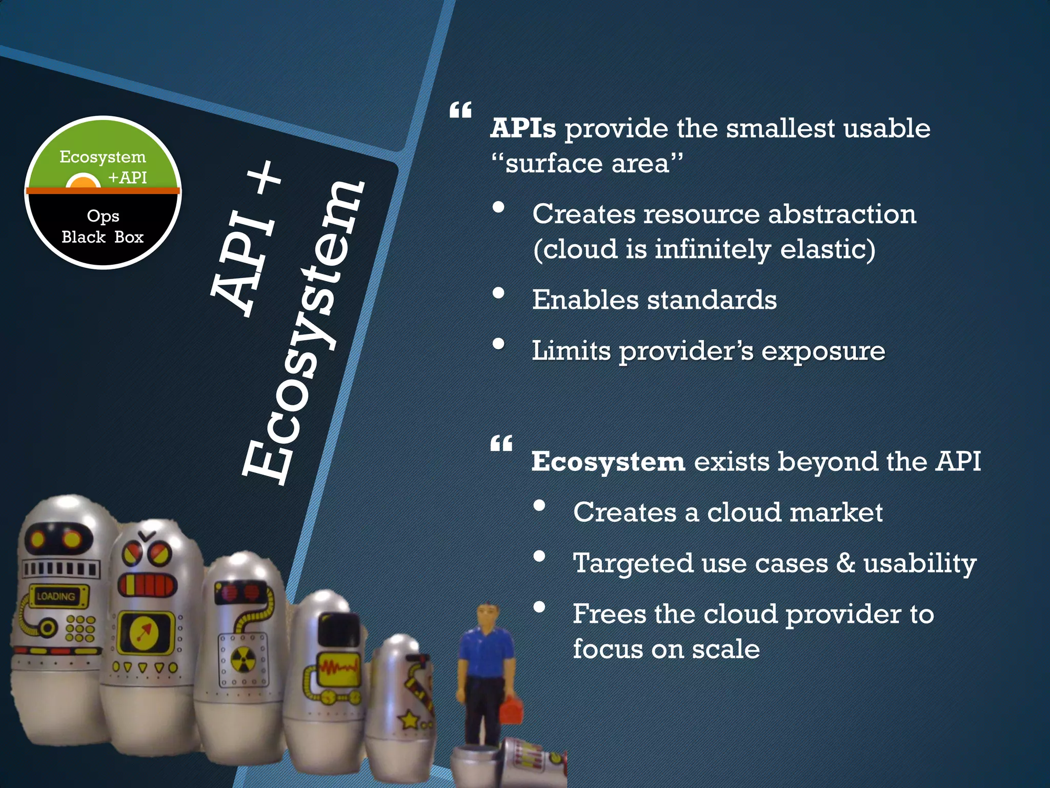    APIs provide the smallest usable
Ecosystem
     +API
                “surface area”
   Ops
Black Box
                •   Creates resource abstraction
                    (cloud is infinitely elastic)
                •   Enables standards
                •   Limits provider’s exposure


                   Ecosystem exists beyond the API
                    •   Creates a cloud market
                    •   Targeted use cases & usability
                    •   Frees the cloud provider to
                        focus on scale
 