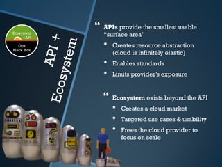    APIs provide the smallest usable
Ecosystem
     +API
                “surface area”
   Ops
Black Box
                •   Creates resource abstraction
                    (cloud is infinitely elastic)
                •   Enables standards
                •   Limits provider’s exposure


                   Ecosystem exists beyond the API
                    •   Creates a cloud market
                    •   Targeted use cases & usability
                    •   Frees the cloud provider to
                        focus on scale
 