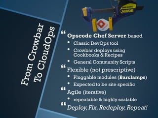  Opscode Chef Server based
  •   Classic DevOps tool
  •   Crowbar deploys using
      Cookbooks & Recipes
  •   General Community Scripts
 Flexible (not prescriptive)
  •   Pluggable modules (Barclamps)
  •   Expected to be site specific
 Agile (iterative)
  •   repeatable & highly scalable
 Deploy, Fix, Redeploy, Repeat!
 