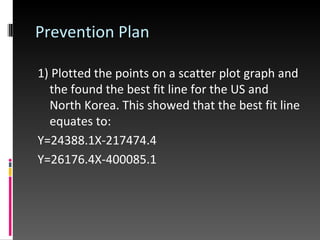 Prevention Plan 1) Plotted the points on a scatter plot graph and the found the best fit line for the US and North Korea. This showed that the best fit line equates to: Y=24388.1X-217474.4 Y=26176.4X-400085.1 