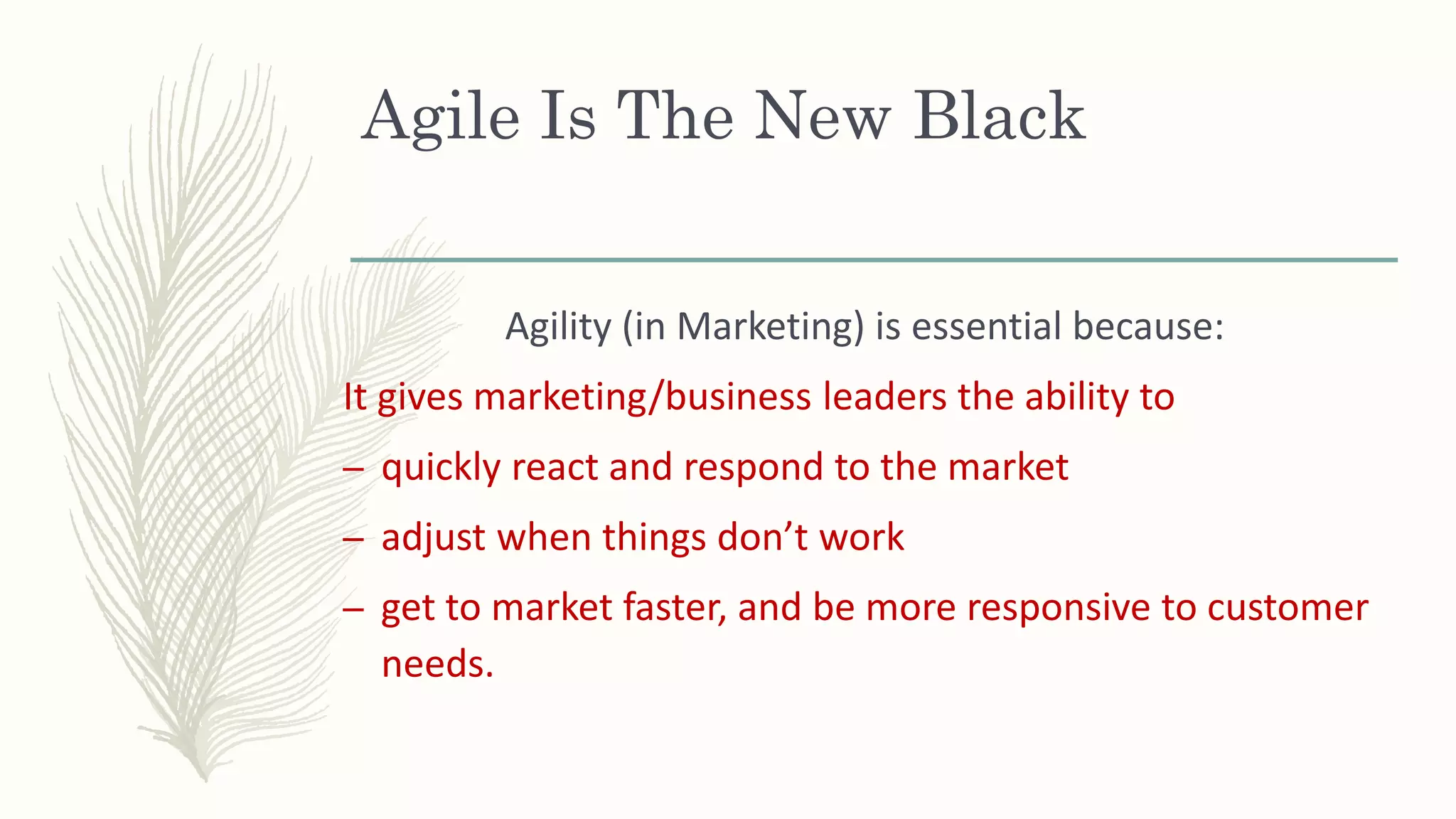 Agile Is The New Black
Agility (in Marketing) is essential because:
It gives marketing/business leaders the ability to
– quickly react and respond to the market
– adjust when things don’t work
– get to market faster, and be more responsive to customer
needs.
 