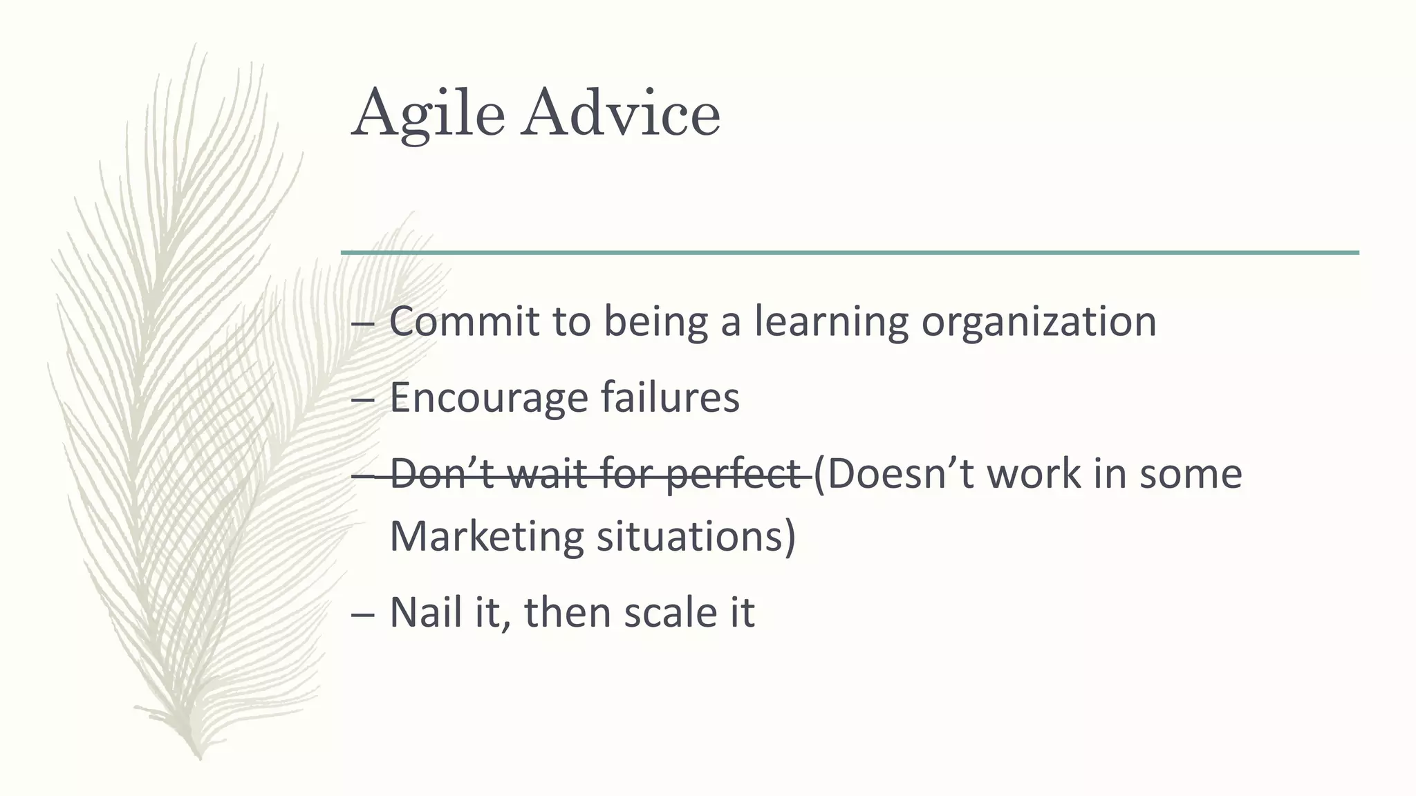 Agile Advice
– Commit to being a learning organization
– Encourage failures
– Don’t wait for perfect (Doesn’t work in some
Marketing situations)
– Nail it, then scale it
 