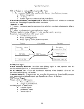 Operation Management
MPS in Produce-to-stock and Produce-to-order Firms
 The elements of the MPS that are affected by the type of production system are:
a. Demand management
b. Lot-sizing
c. Number of products to be scheduled (product-mix).
Materials Requirements planning (MRP-1 or mrp): Computer based information system for
ordering and scheduling of dependent demand inventories.
Objectives of MRP
1. To improve customer service by meeting delivery schedules promised and shortening delivery
lead times.
2. To reduce inventory costs by reducing inventory levels.
3.To improve plant operating efficiency by better use of productive resources.
Three main purposes of a basic MRP system are to:
• Control inventory levels
• Assign operating priorities
• Assign capacity to load production systems.
MRP System Inputs
Master Production Schedule: One of the three primary inputs in MRP, specifies what end
products are to be produced, in what quantities and when.
Bill of Materials file: Provides the information regarding all the materials, parts and sub
assemblies that go into the end product.
Inventory Status file: Gives complete and up-to-date information on the on-hand inventories,
gross requirements, scheduled receipts and planned order releases for the item.
MRP System Outputs
Primary outputs of MRP Systems:
• Planned order schedule
• Changes in planned orders.
Secondary inputs of MRP system:
• Exception reports
• Performance reports
• Planning reports
14
 
