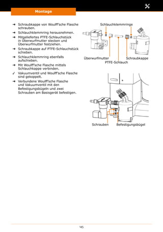 Montage
145
➜➜ Schraubkappe von Woulff’sche Flasche
schrauben.
➜➜ Schlauchklemmring herausnehmen.
➜➜ Mitgeliefertes PTFE-Schlauchstück
in Überwurfmutter stecken und
Überwurfmutter festziehen.
➜➜ Schraubkappe auf PTFE-Schlauchstück
schieben.
➜➜ Schlauchklemmring ebenfalls
aufschieben.
➜➜ Mit Woulff’sche Flasche mittels
Schlauchkappe verbinden.
Schraub­kappe
PTFE-­Schlauch
Überwurfmutter
Schlauchklemmringe
✓✓ Vakuumventil und Woulff’sche Flasche
sind gekoppelt.
➜➜ Verbundene Woulff’sche Flasche
und Vakuumventil mit den
Befestigungsbügeln und zwei
Schrauben am Basisgerät befestigen.
Befestigungs­bügelSchrauben
 
